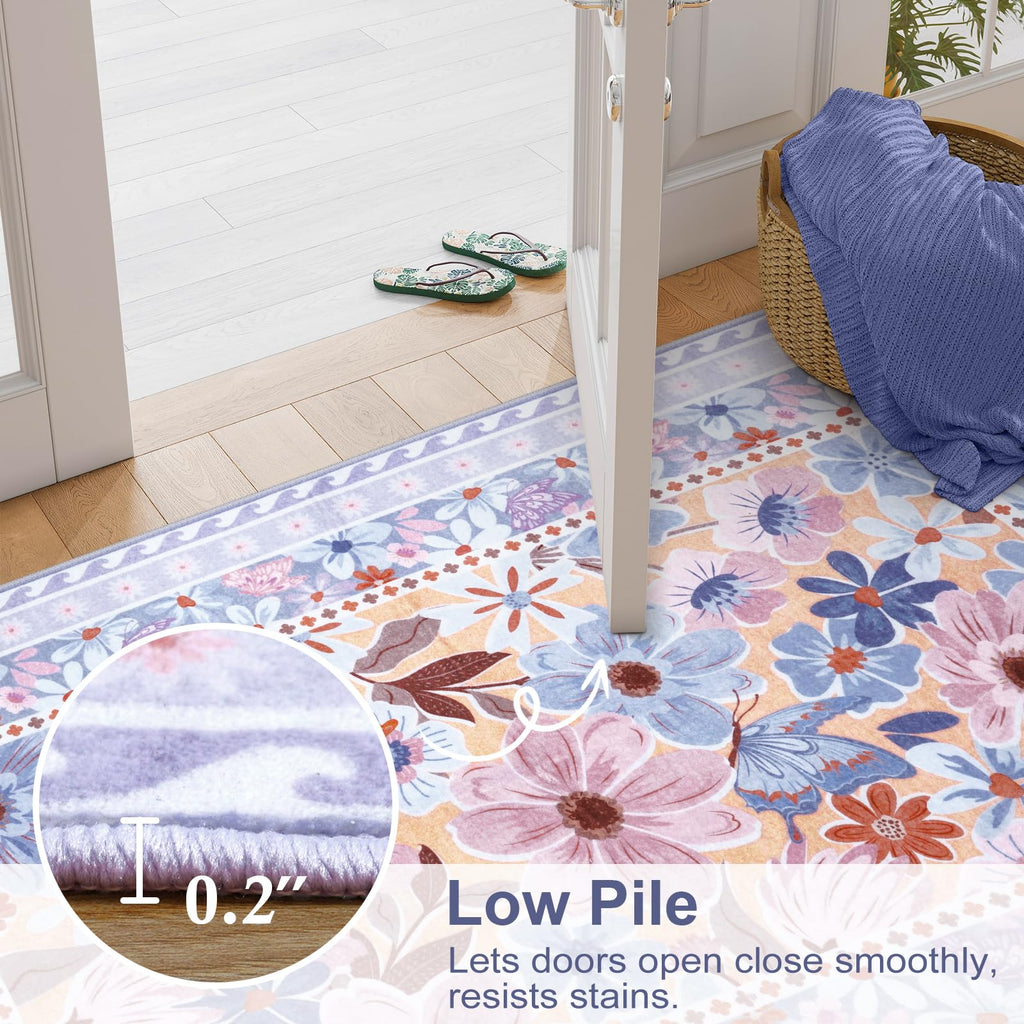 Floral Hallway Runner Rug, Runner Rugs Non Skid Washable, Low Pile Soft Boho Rugs