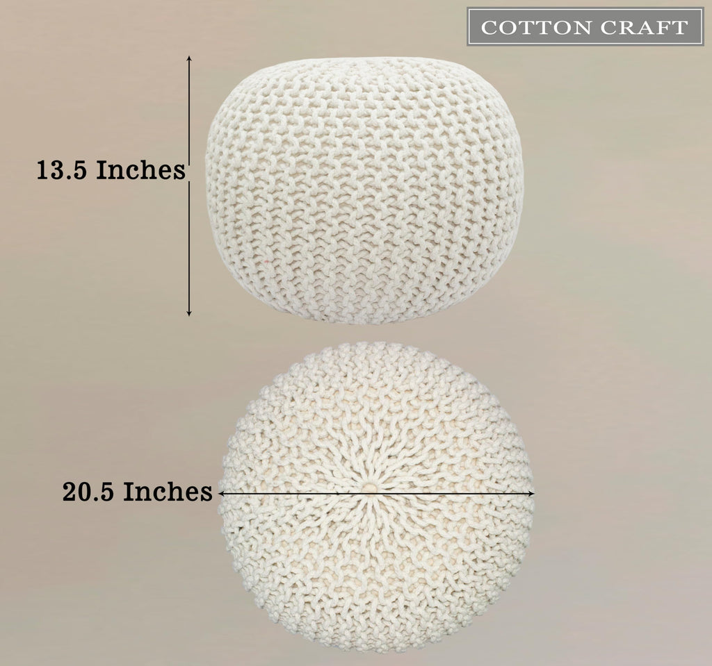 Hand-Knitted Cotton Round Pouf â€?Braid Cord Ottoman, Footrest, and Accent Seat for Living Room, Nursery, Kids Room, or Dorm Décor â€?20x14