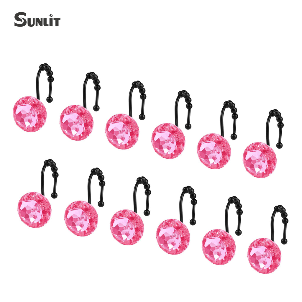 Luxury Design Round Diamond Crystal Gem Bling with Glide Balls Shower Curtain Hooks, Rust Proof Metal Rhinestones Glam Shower Curtain Rings-12 Pack