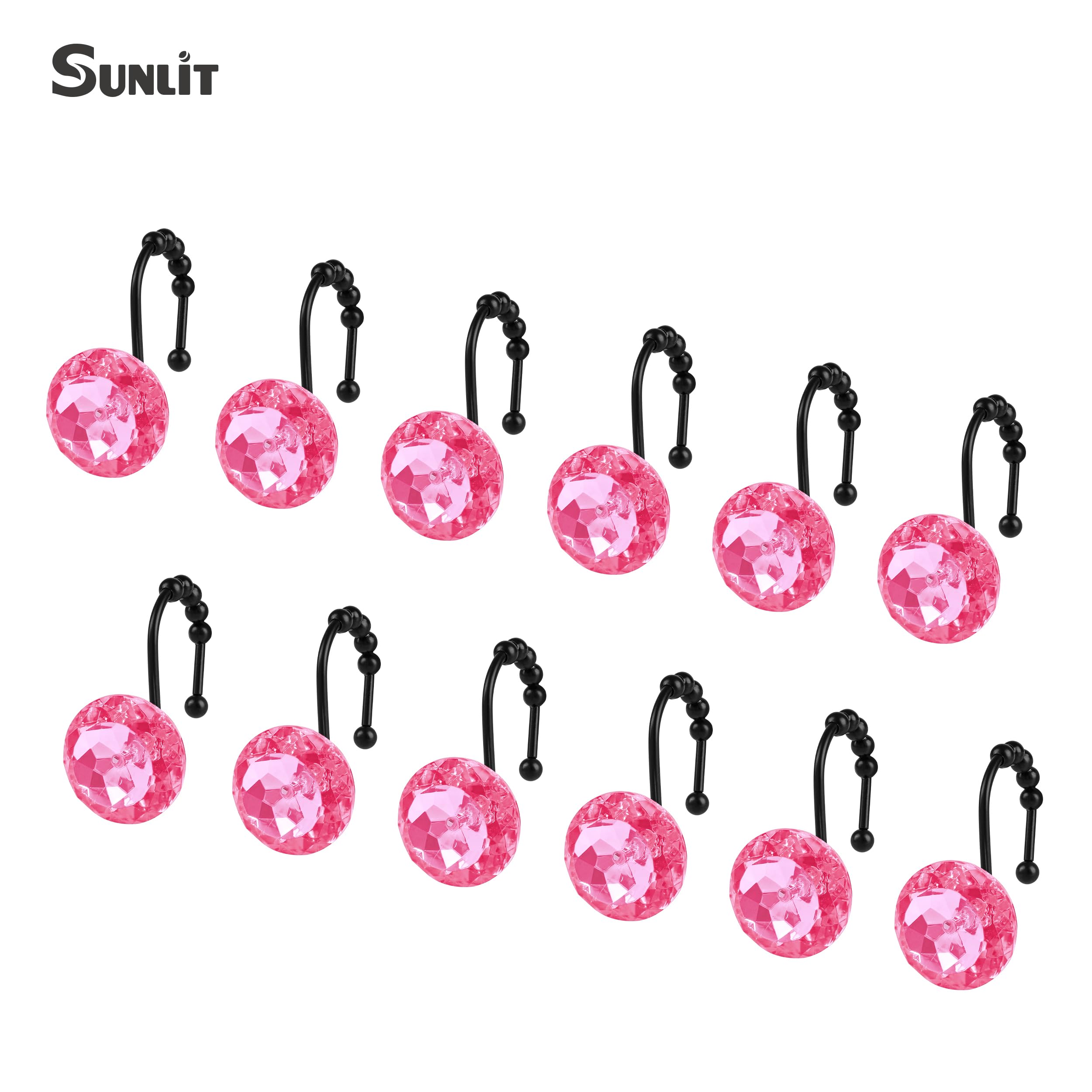 Luxury Design Round Diamond Crystal Gem Bling with Glide Balls Shower Curtain Hooks, Rust Proof Metal Rhinestones Glam Shower Curtain Rings-12 Pack