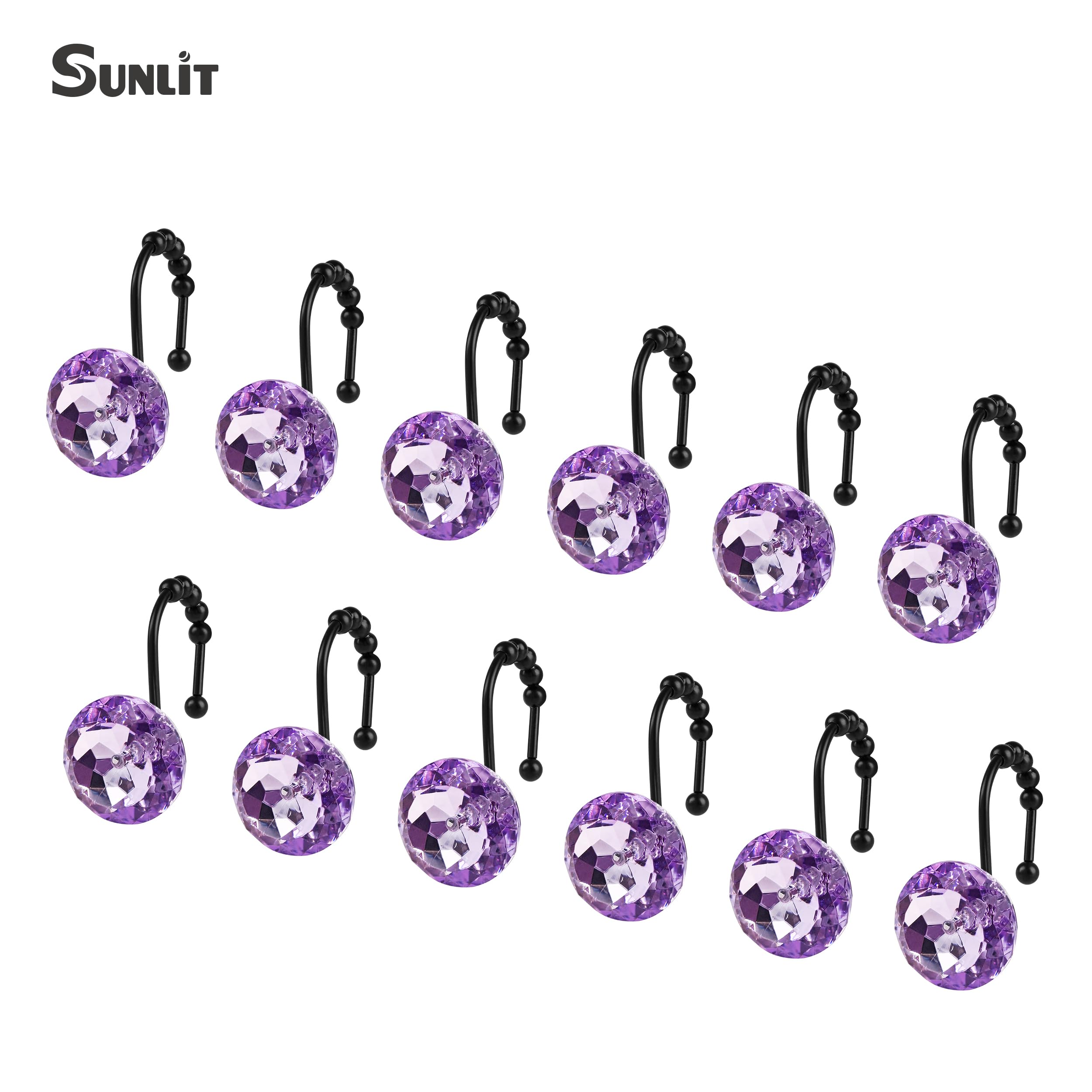 Luxury Design Round Diamond Crystal Gem Bling with Glide Balls Shower Curtain Hooks, Rust Proof Metal Rhinestones Glam Shower Curtain Rings-12 Pack