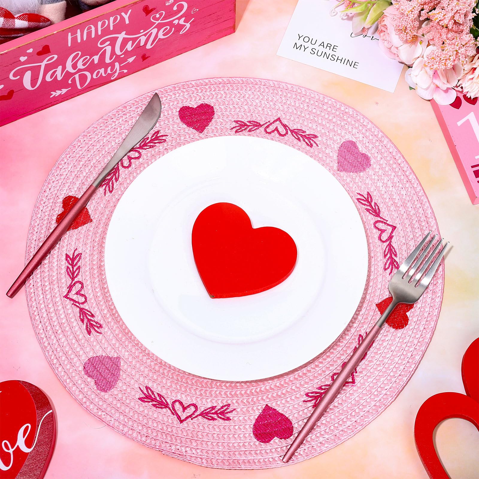 Whaline 4Pcs Round Placemats Pink Bow Embroidered Place Mats Coquette Bow Dinner Table Mats for Home Wedding Baby Shower Birthday Party Decor