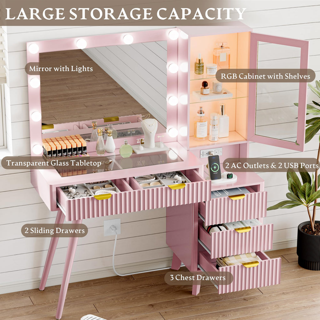 Fluted Vanity Desk with Mirror and Lights, 45" Glass Top Makeup Table Set with 5 Drawers, Power Outlet & Storage Cabinet, Large Dressing Table with RGB Ambient Light