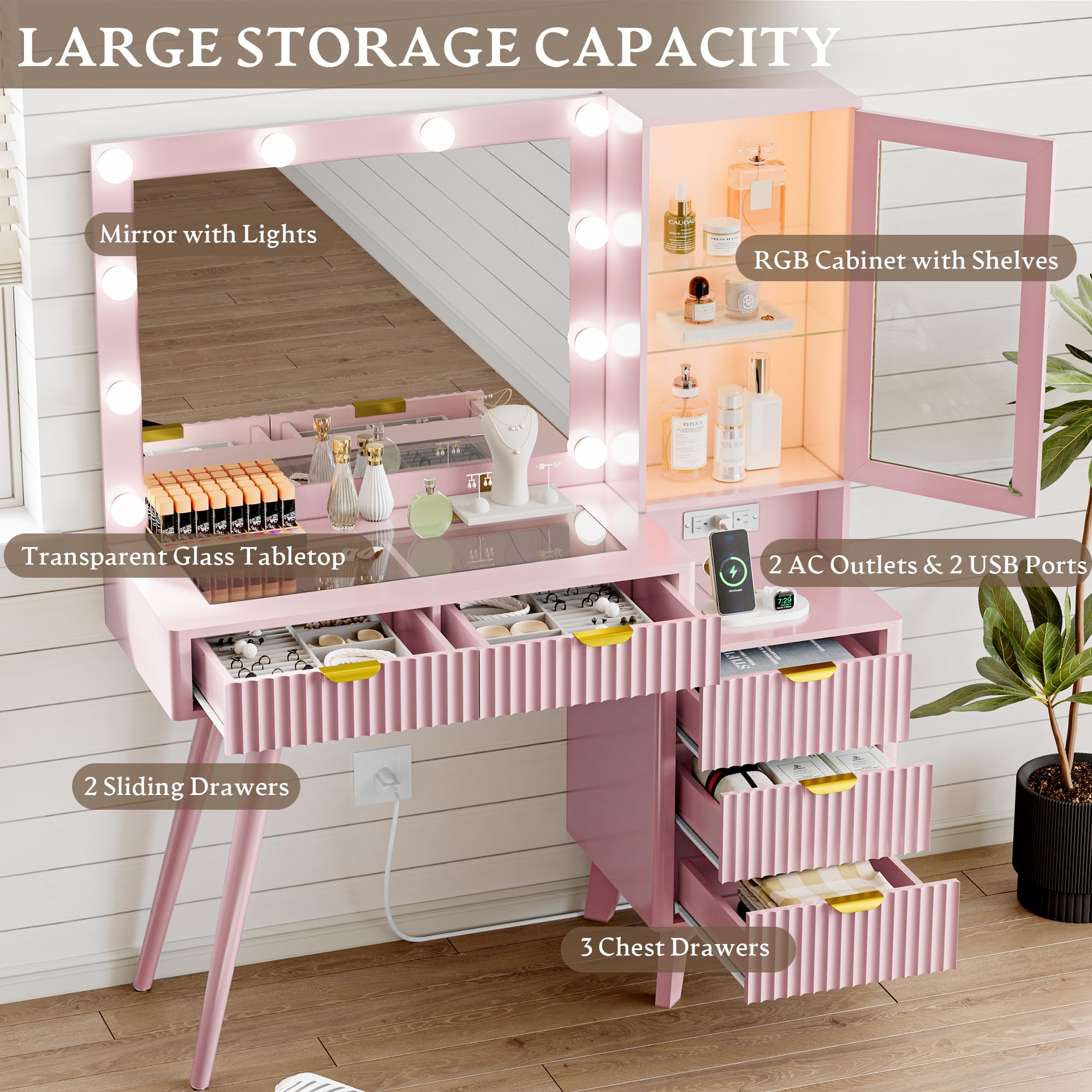 Fluted Vanity Desk with Mirror and Lights, 45" Glass Top Makeup Table Set with 5 Drawers, Power Outlet & Storage Cabinet, Large Dressing Table with RGB Ambient Light