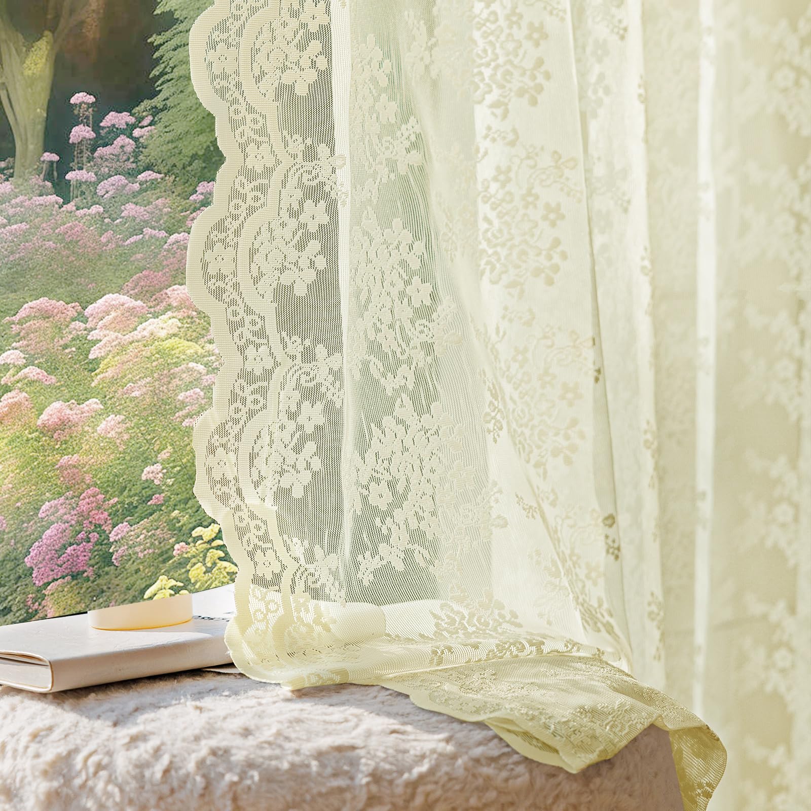 Vintage Lace Curtains, Romantic Semi Sheer Floral Lacy Curtains with Bow Curtain Ties
