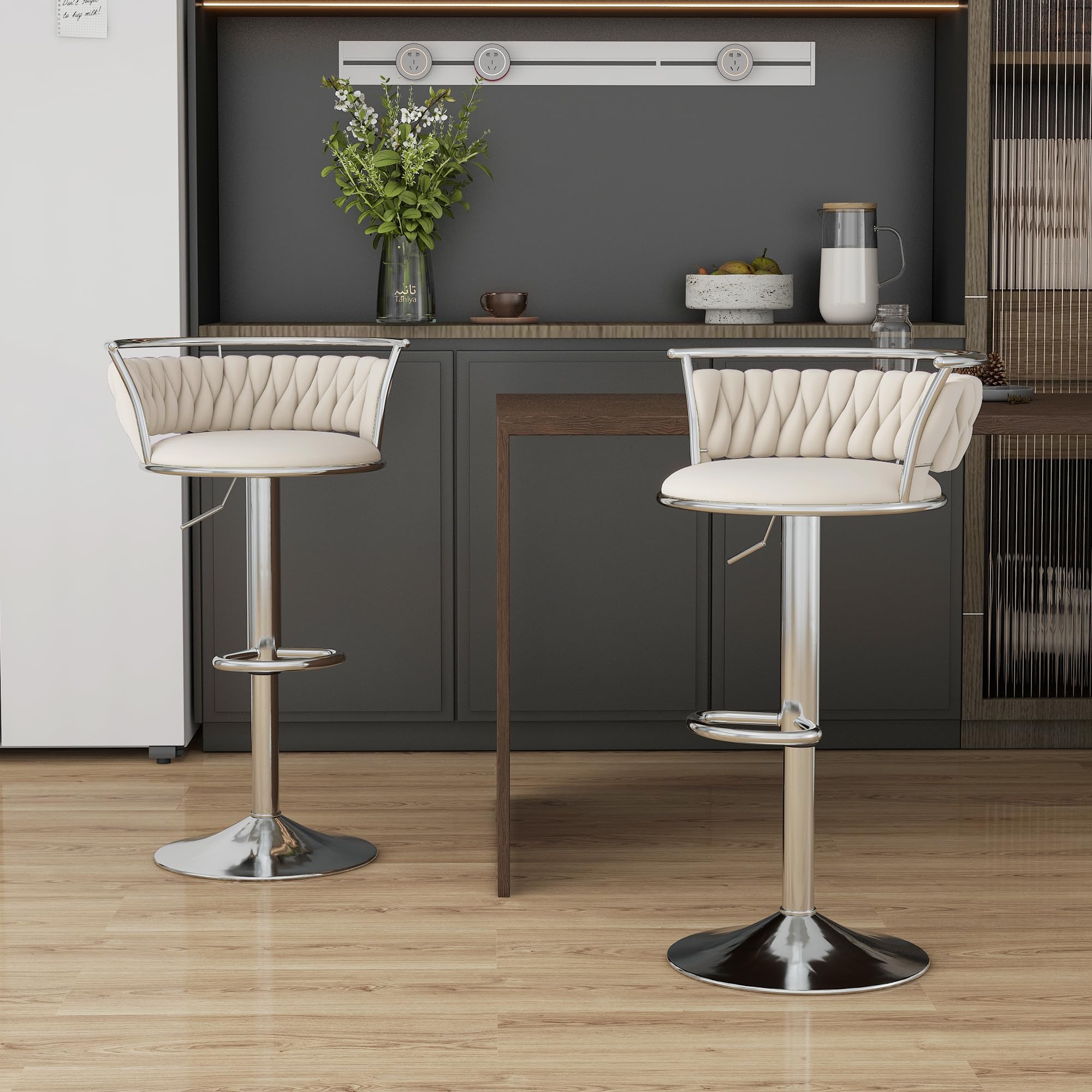 Velvet Swivel Bar Stools, Adjustable Counter Height Bar Chairs with Low Back & Footrest, Modern Gold Bar Stools for Kitchen Island, Bar Pub