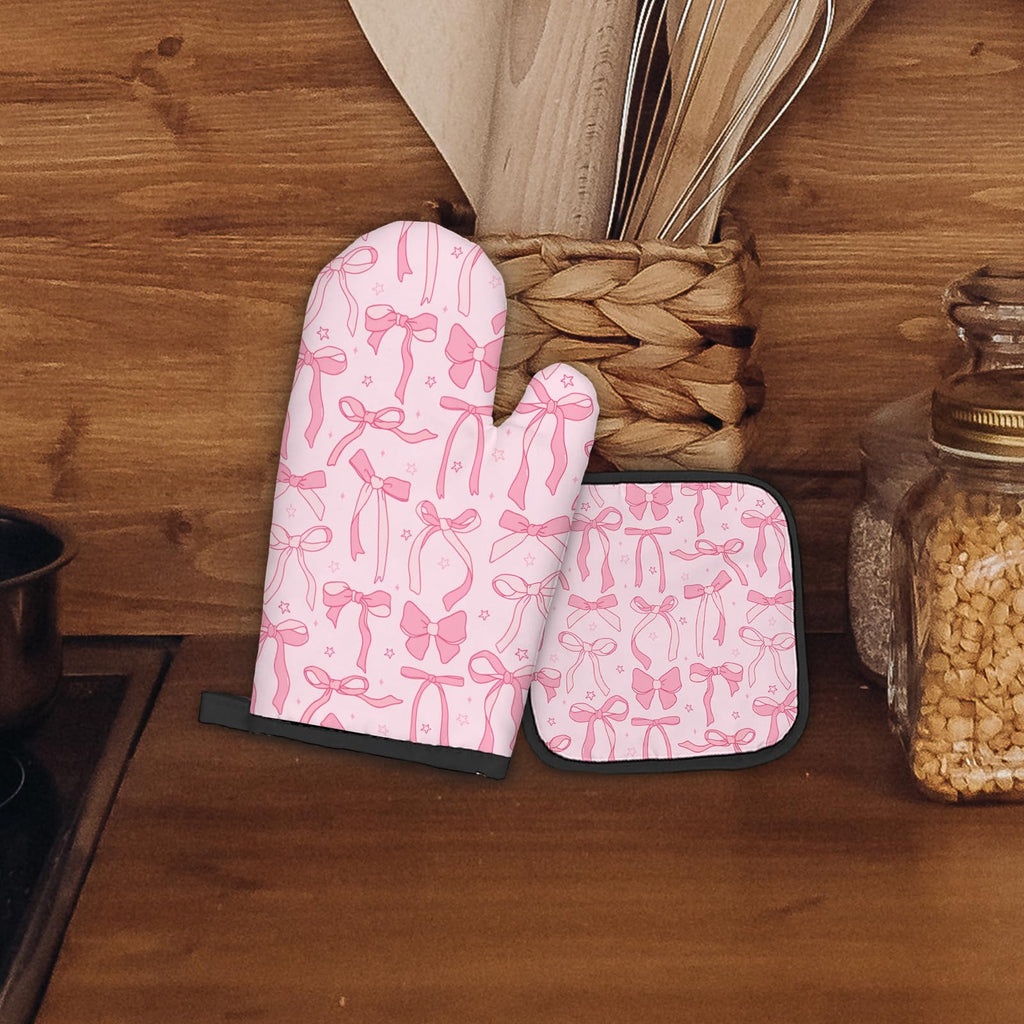 Pink Bow Coquette Decor Oven Mitts and Pot Holders Sets