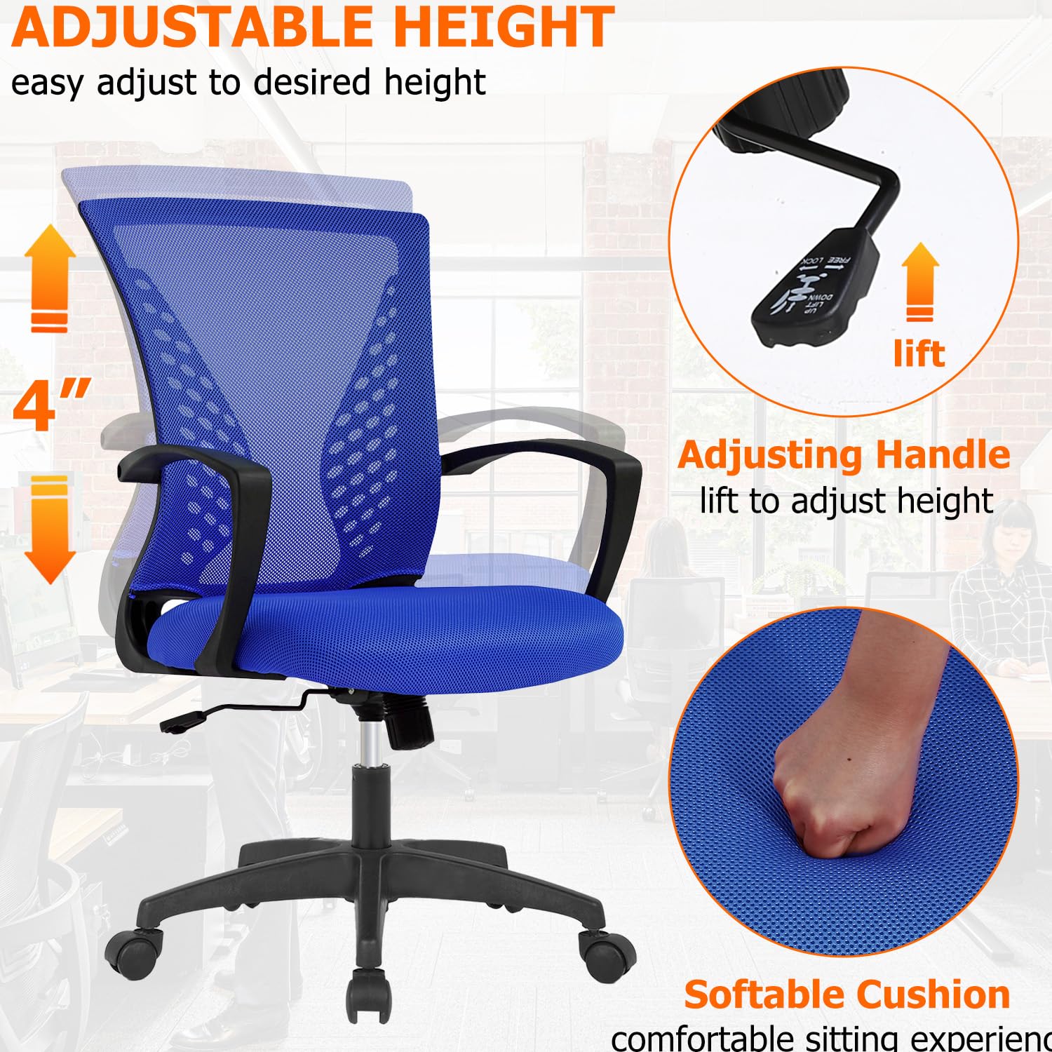 Mesh Desk Chair Ergonomic Computer Chair with Lumbar Support Armrest Mid Back 360 Degree Rolling Swivel Adjustable Height