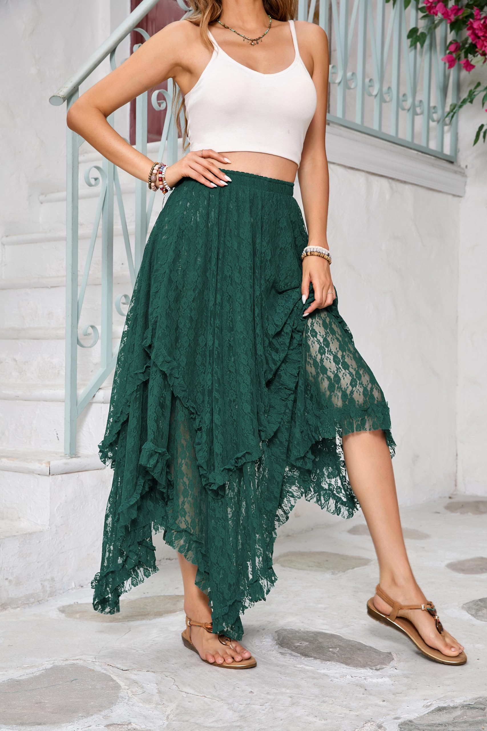 Women Lace Long Skirts Summer Elastic Asymmetrical Layered Hem Sexy See-Through Beach Floral Maxi Skirts