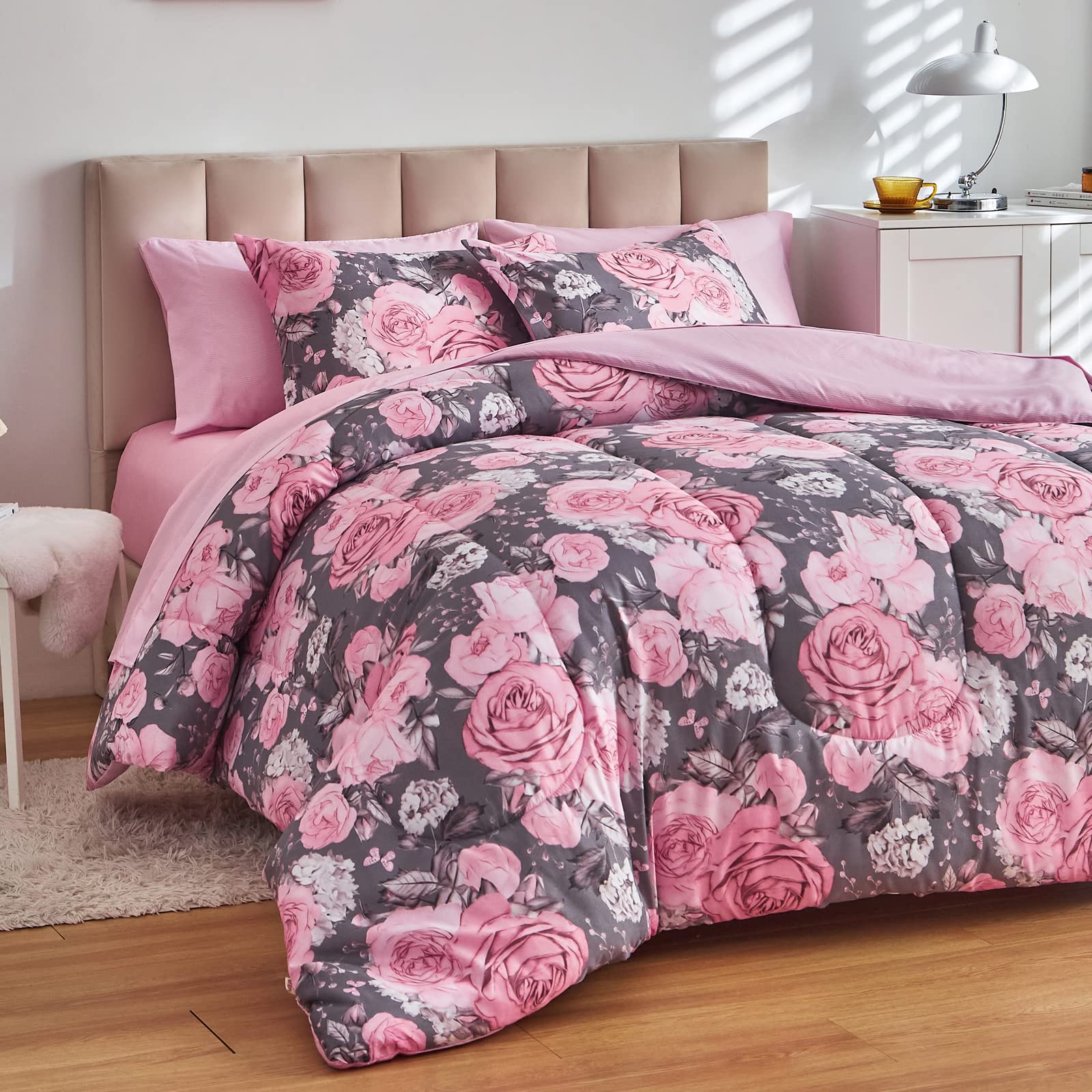 Flower Comforter Sheet Set White Bed in a Bag 7 Pieces Size Pink Floral Microfiber Bedding Set (1 Comforter 2 Pillow Shams 1 Flat Sheet 1 Fitted Sheet 2 Pillowcases)