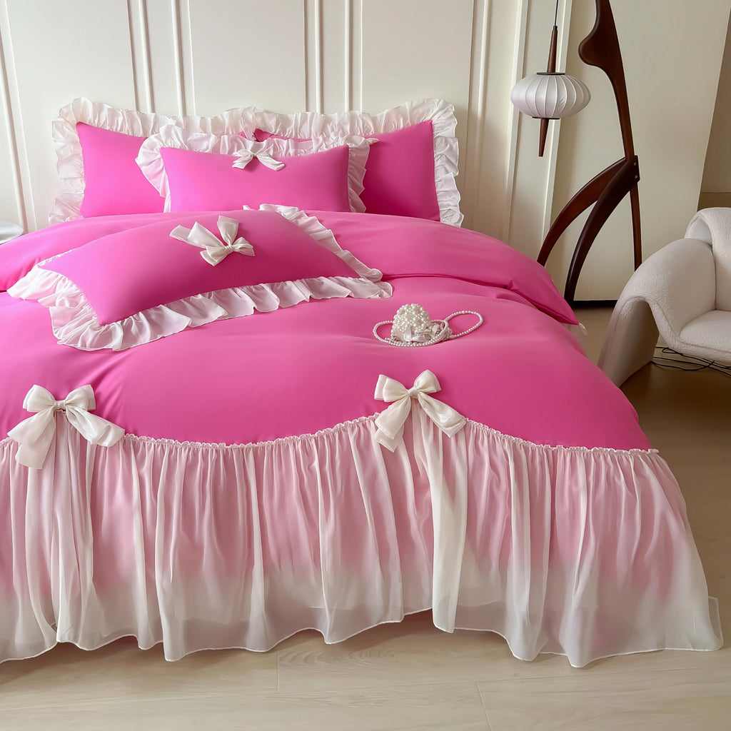 Girls Lace Bedding,Queen Comforter Cover Set, Chic Ruffled Duvet Cover with Lovely Bow,Princess Style 1 Duvet Cover with 2 Pillowcases, No Comforter-Hot Pink,Full Size