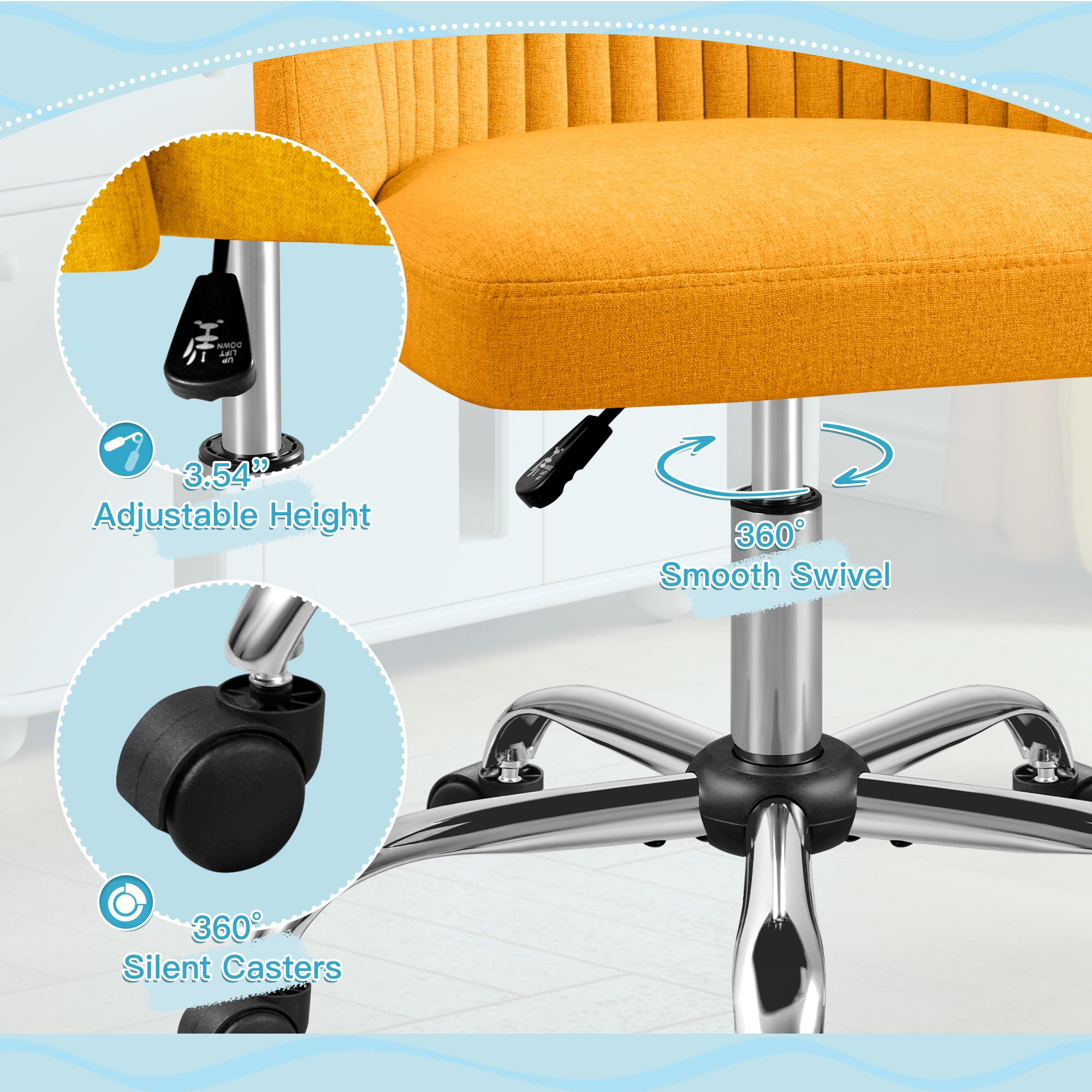 Modern Armless Cute Adjustable Swivel Padded Fabric Vanity Chair with Wheels