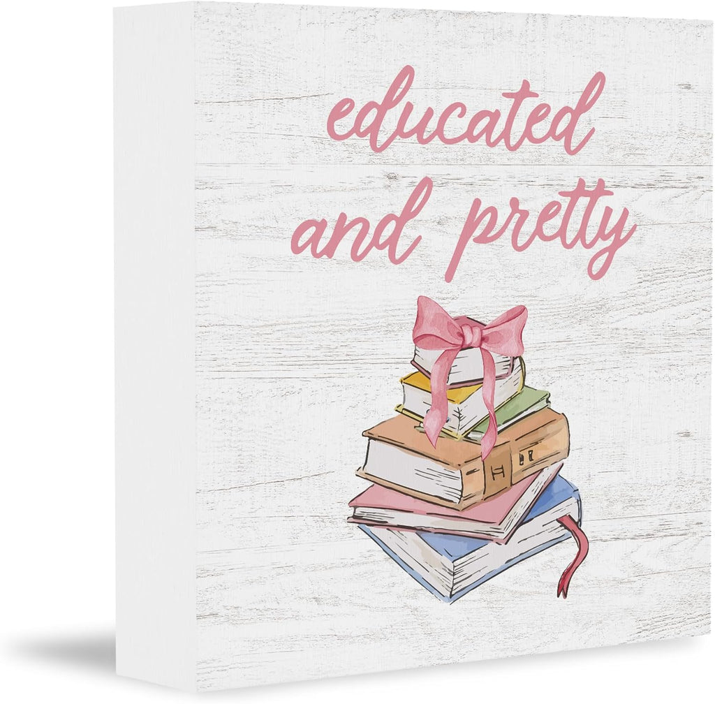 Coquette Preppy Pink Bow Books Wooden Box Sign, Book Lover Gifts, Wall Desk Shelf Tabletop Decoration