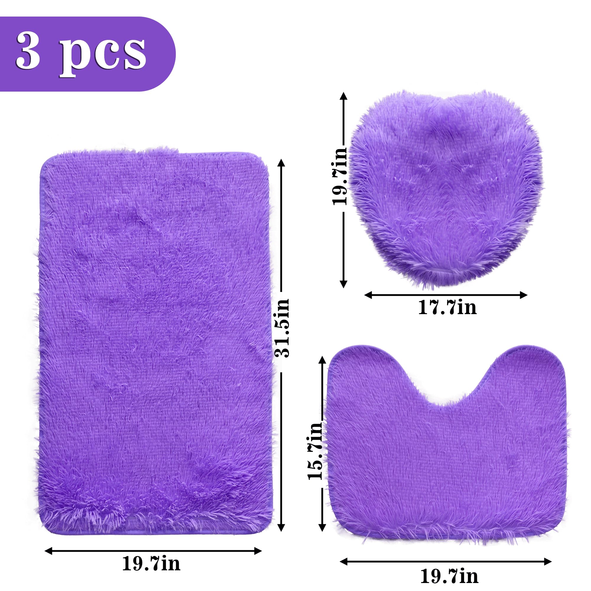 Shaggy Bathroom Rugs Sets 3 Piece for Bathroom Non-Slip - Water Absorbent Bath Rug Floor Mats Soft Washable Shower Rug with U-Shaped Contour Rug Toilet Lid Cover