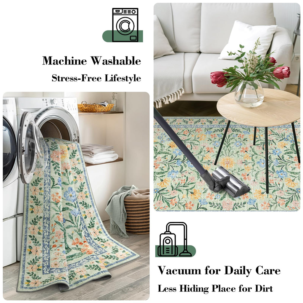 Machine Washable Boho Soft Floral Carpet Non Slip, Indoor Ultra-Thin Floor Carpet for Kid Room Living Room Dorm