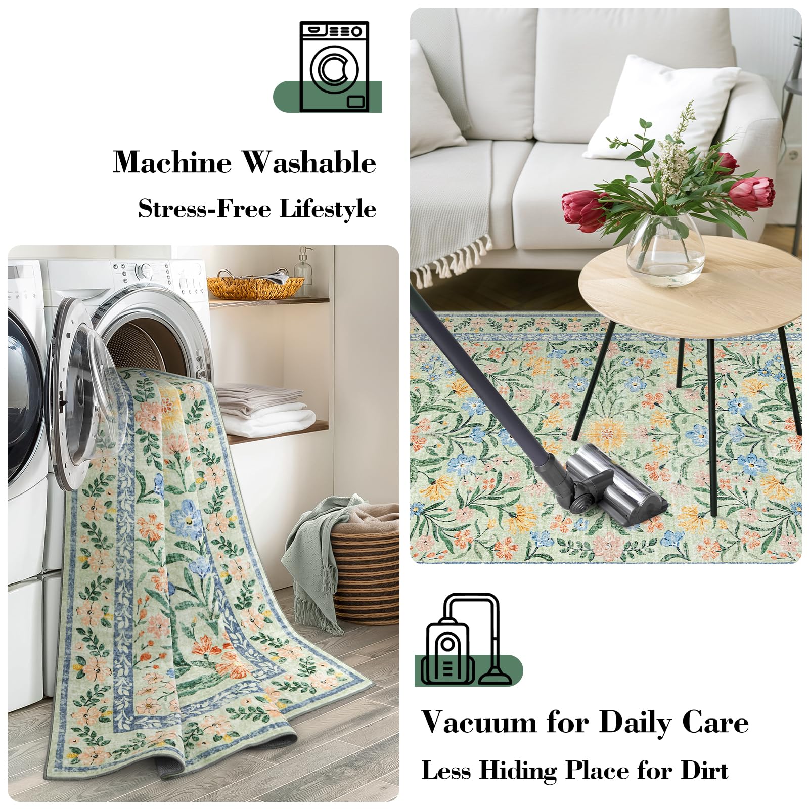 Machine Washable Boho Soft Floral Carpet Non Slip, Indoor Ultra-Thin Floor Carpet for Kid Room Living Room Dorm