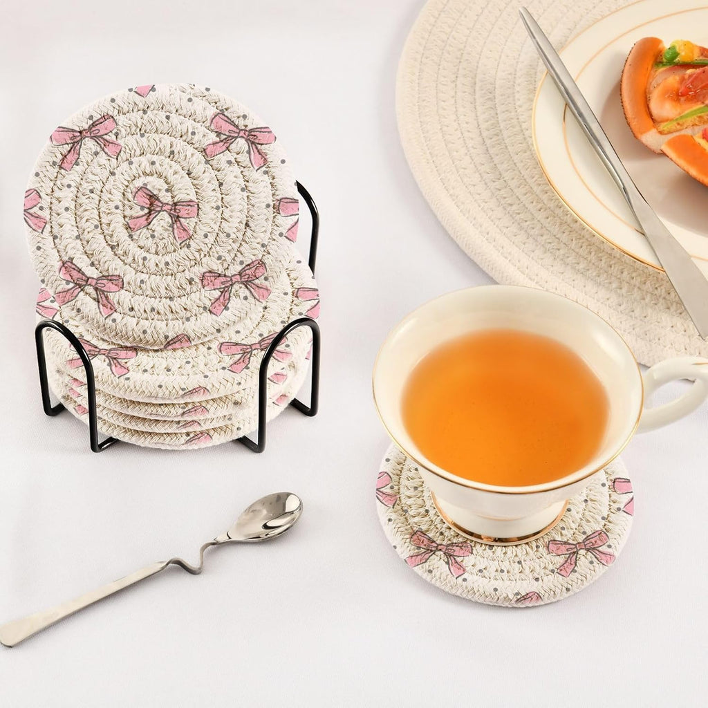 Pink Bow Woven Coasters Set â€?3.9" Absorbent, Heat-Resistant (6 pcs + Holder)