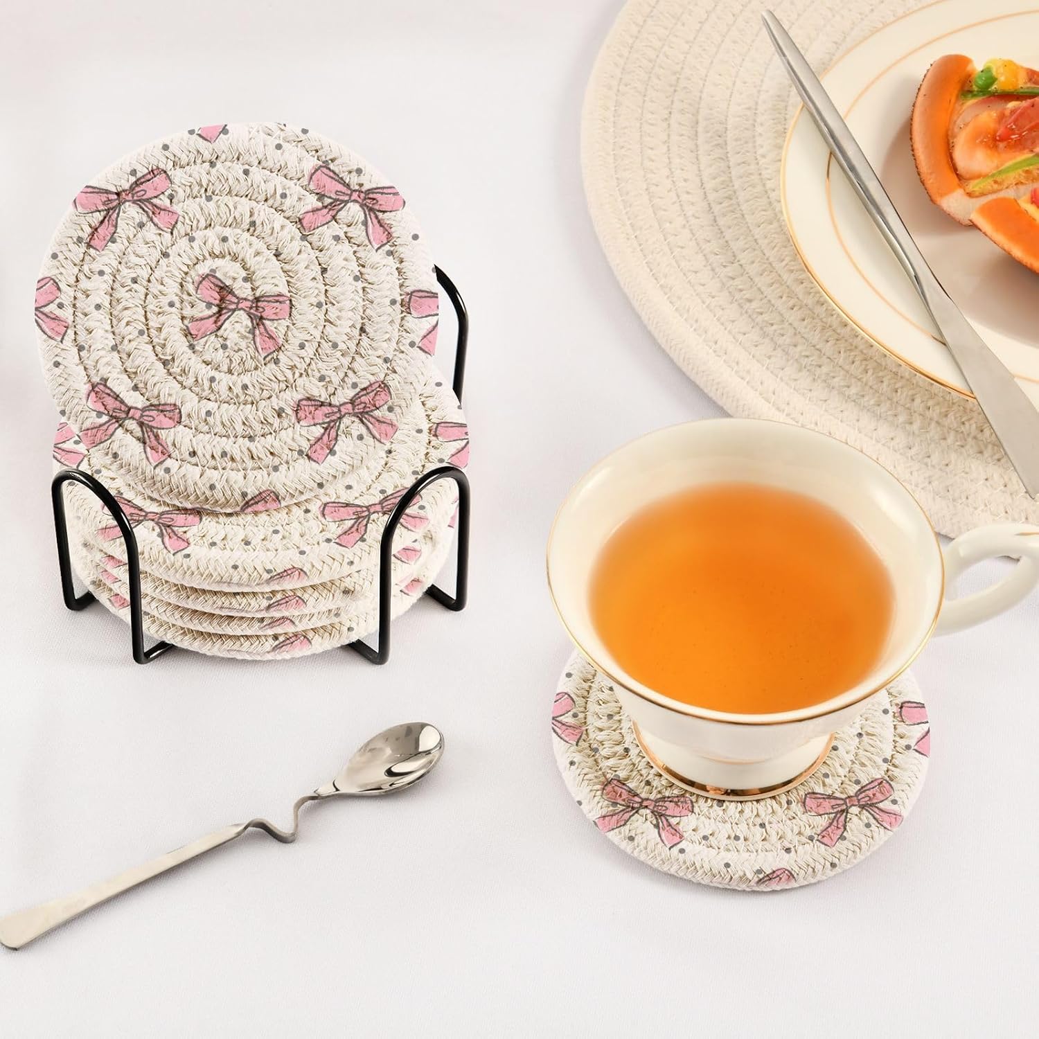 Pink Bow Woven Coasters Set â€?3.9" Absorbent, Heat-Resistant (6 pcs + Holder)