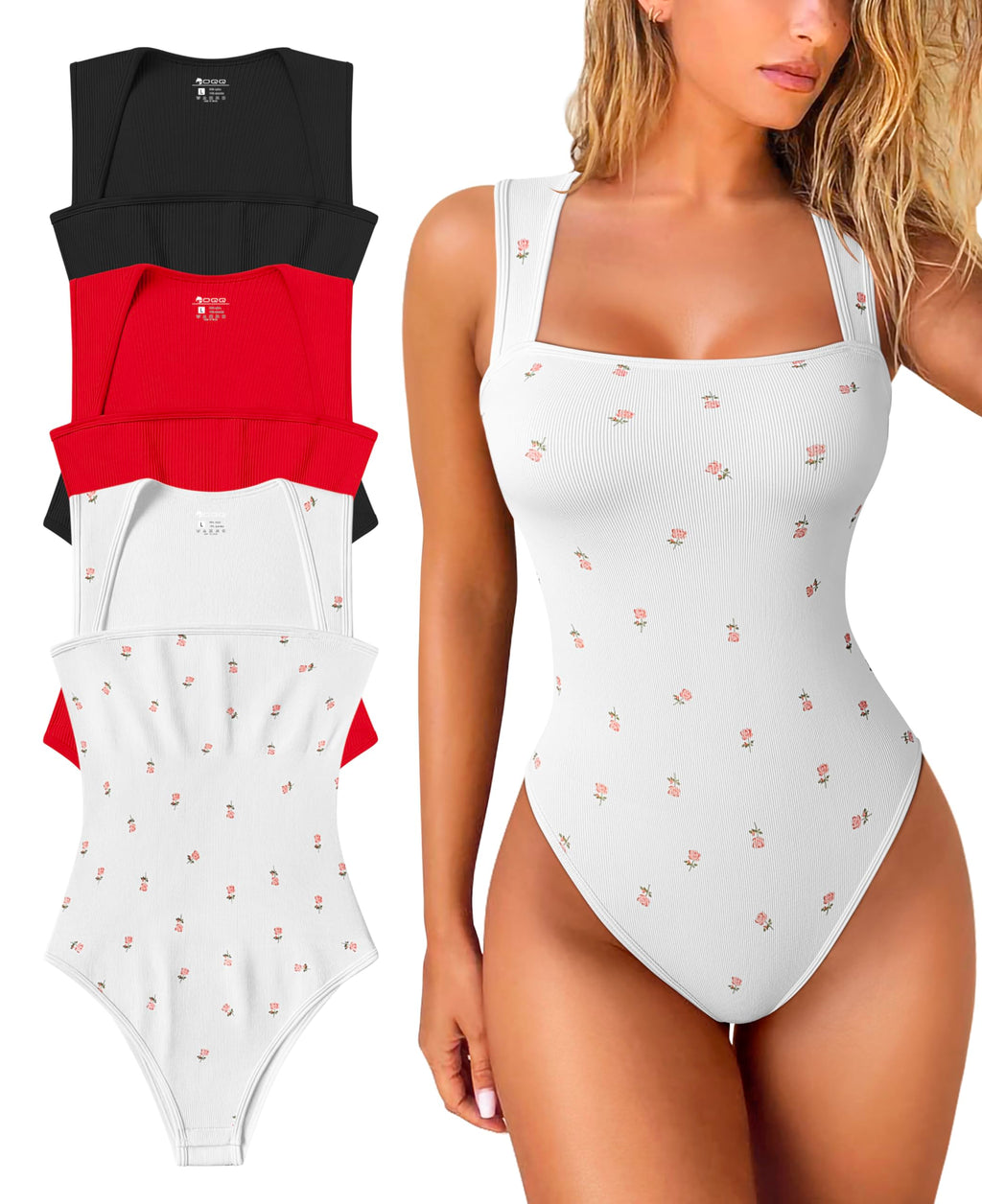 Women's 3 Piece Bodysuits Sexy Ribbed Strappy Square Neck Sleeveless Tummy Control Tank Tops Bodysuits