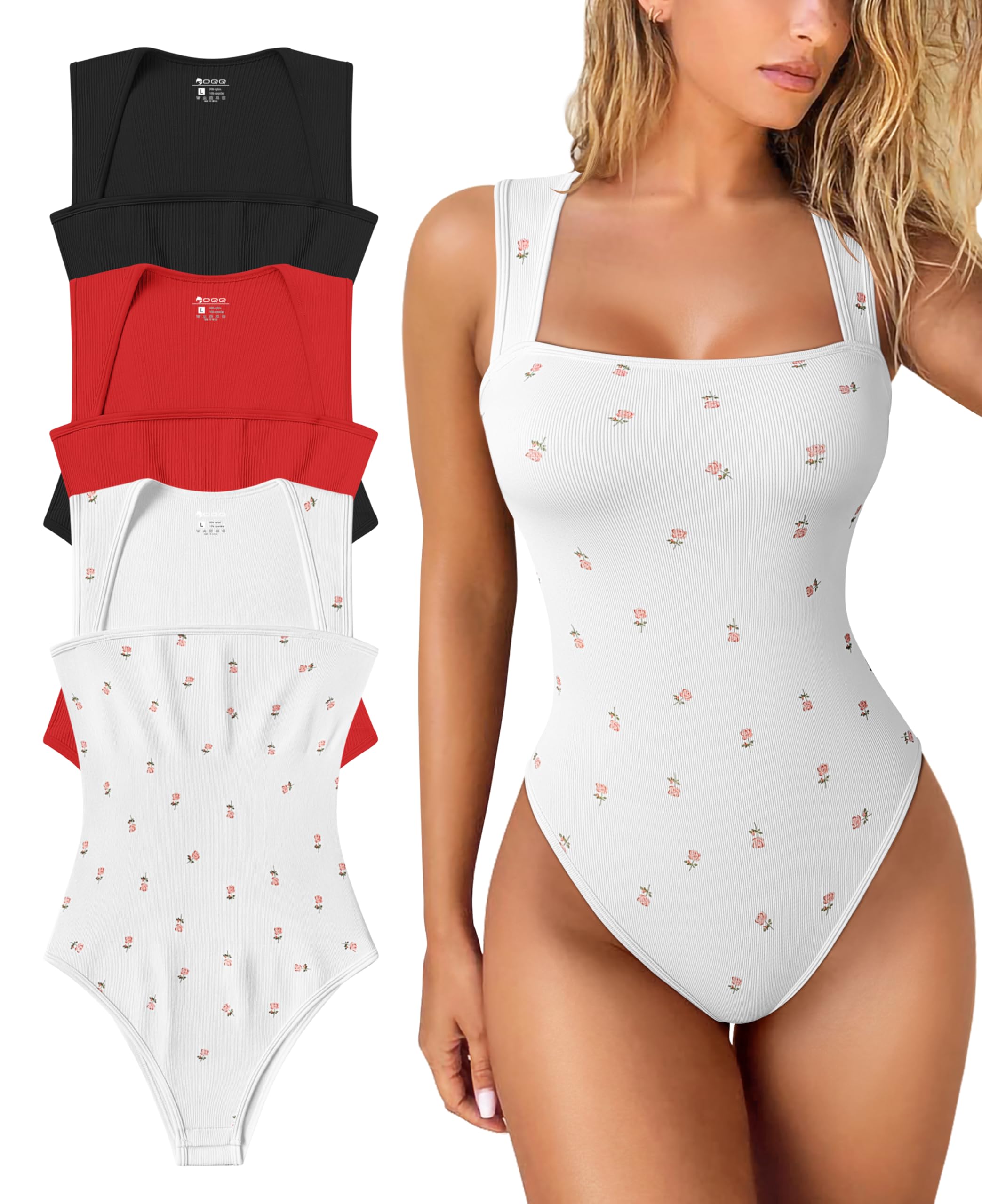 Women's 3 Piece Bodysuits Sexy Ribbed Strappy Square Neck Sleeveless Tummy Control Tank Tops Bodysuits