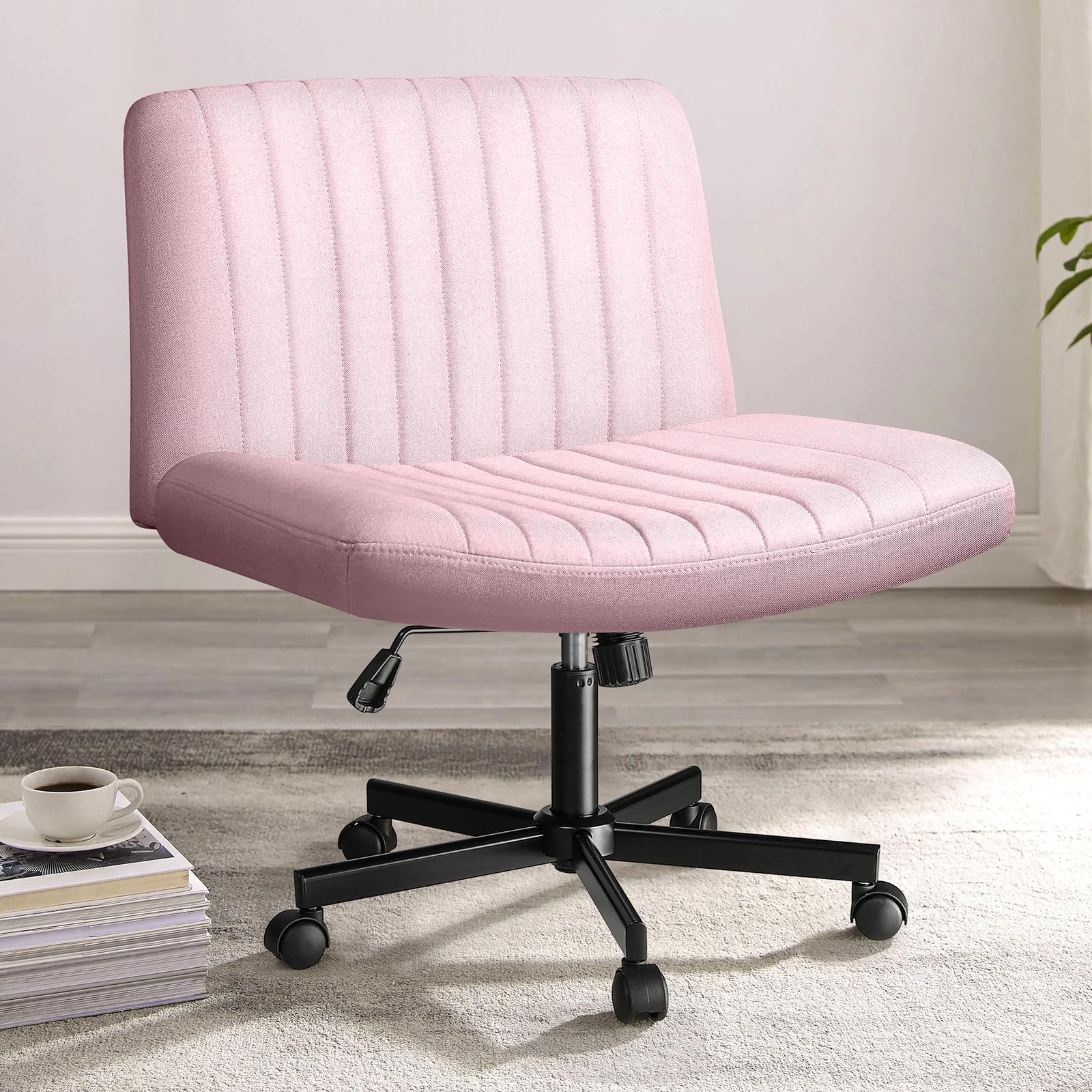 Criss Cross Chair, Armless Cross Legged Office Desk Chair No Wheels, Fabric Padded Modern Swivel Height Adjustable Mid Back Wide Seat