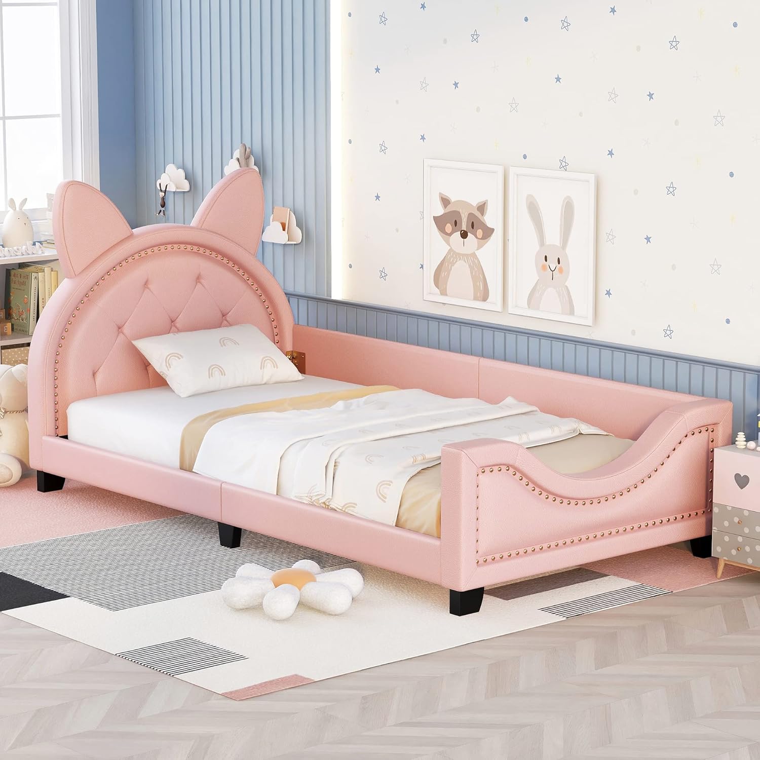 Pink Twin Size Wood Platform Bed Frame With House-Shaped Headboard For Girls Kids Toddler