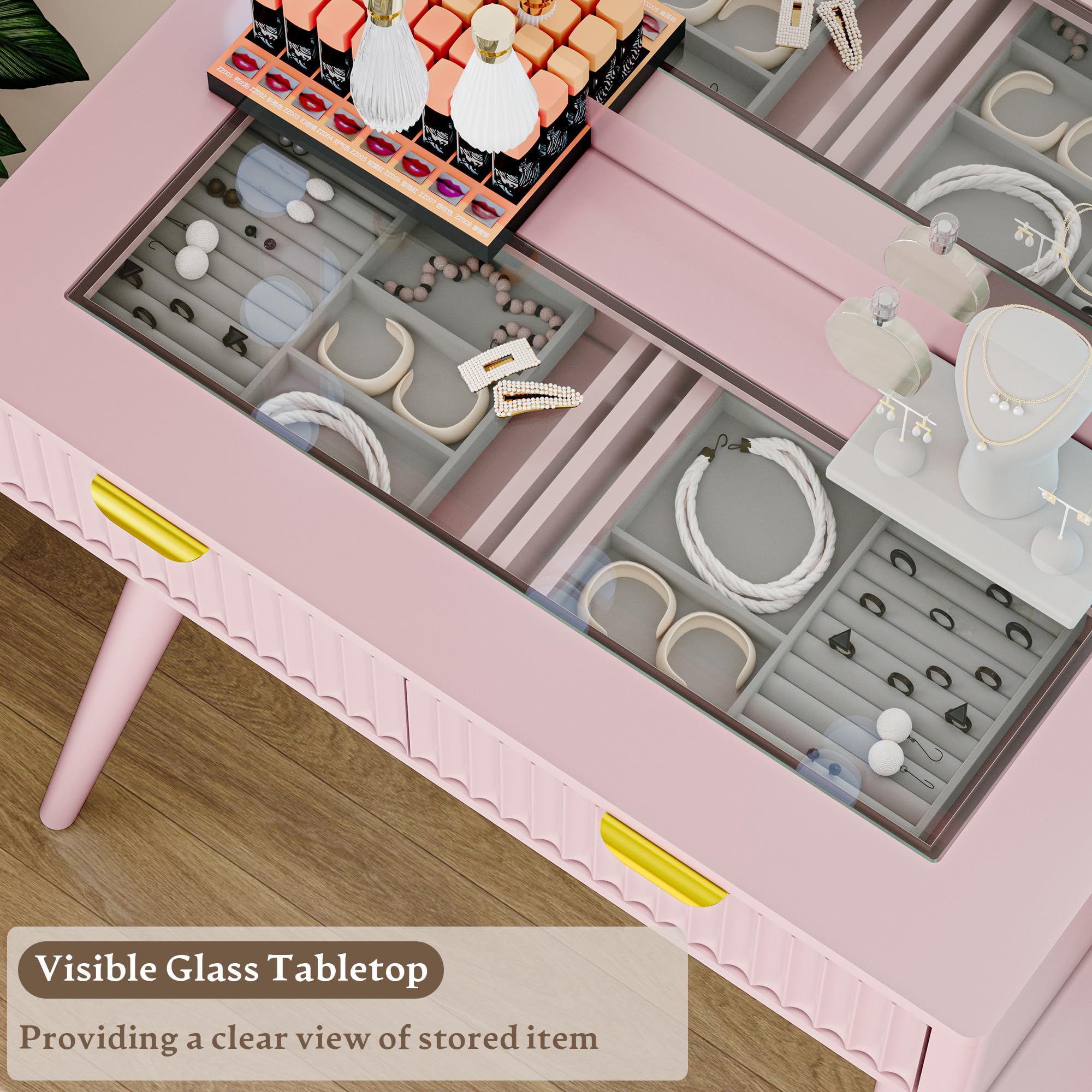 Fluted Vanity Desk with Mirror and Lights, 45" Glass Top Makeup Table Set with 5 Drawers, Power Outlet & Storage Cabinet, Large Dressing Table with RGB Ambient Light