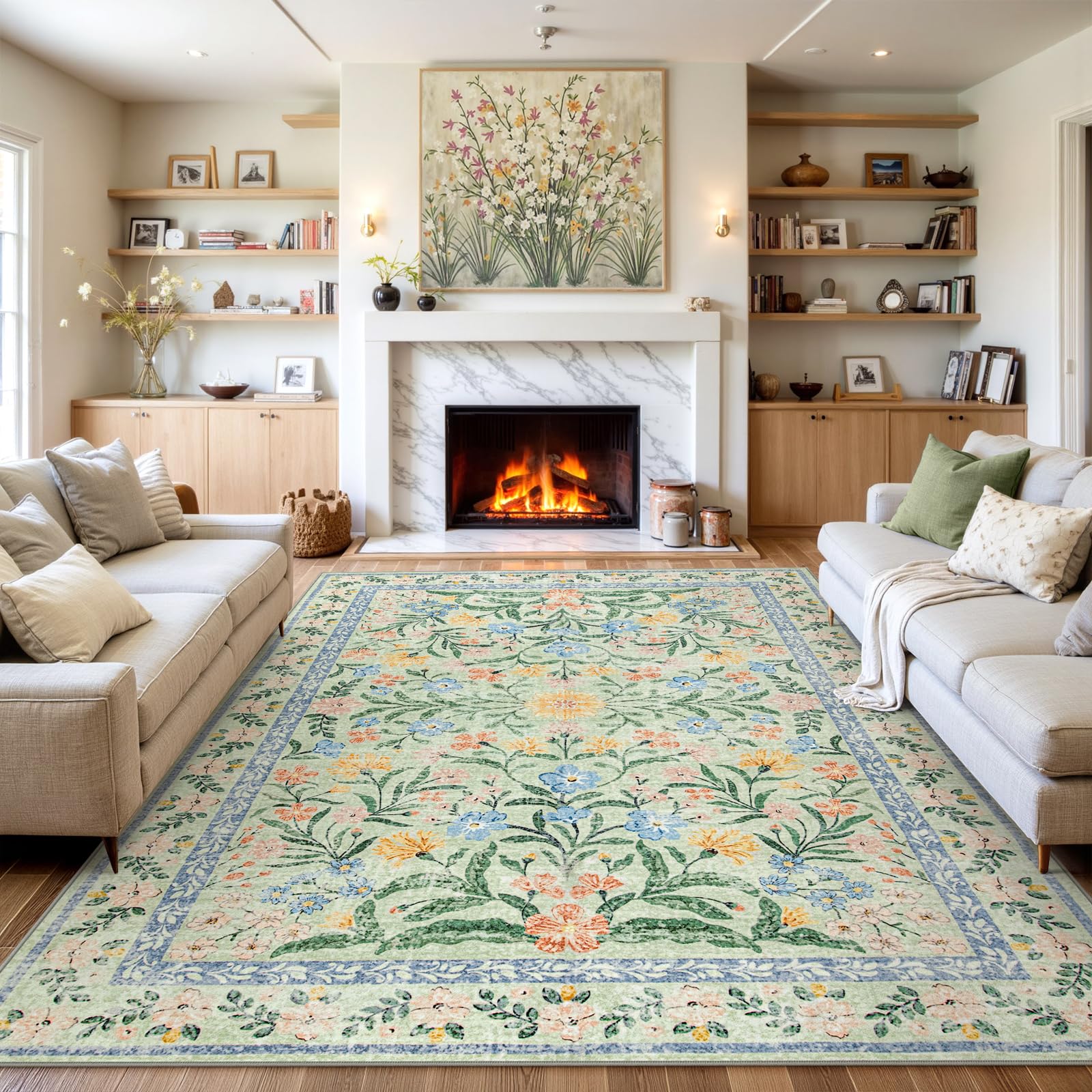 Machine Washable Boho Soft Floral Carpet Non Slip, Indoor Ultra-Thin Floor Carpet for Kid Room Living Room Dorm