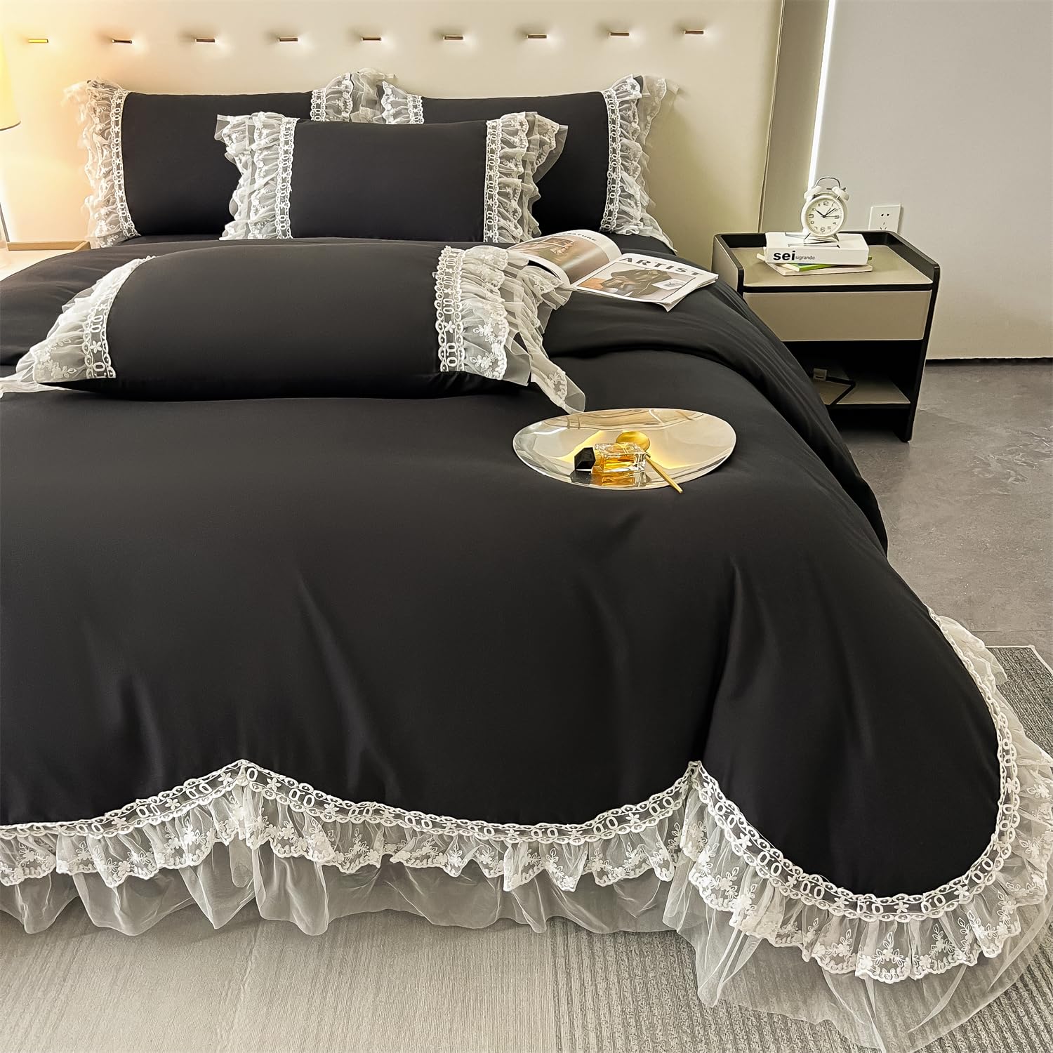 Chic Ruffle Lace Polyester Duvet Cover Set -Bedding-2 Piece Duvet Cover with Zipper Closure -Ultra Soft and Light Weight