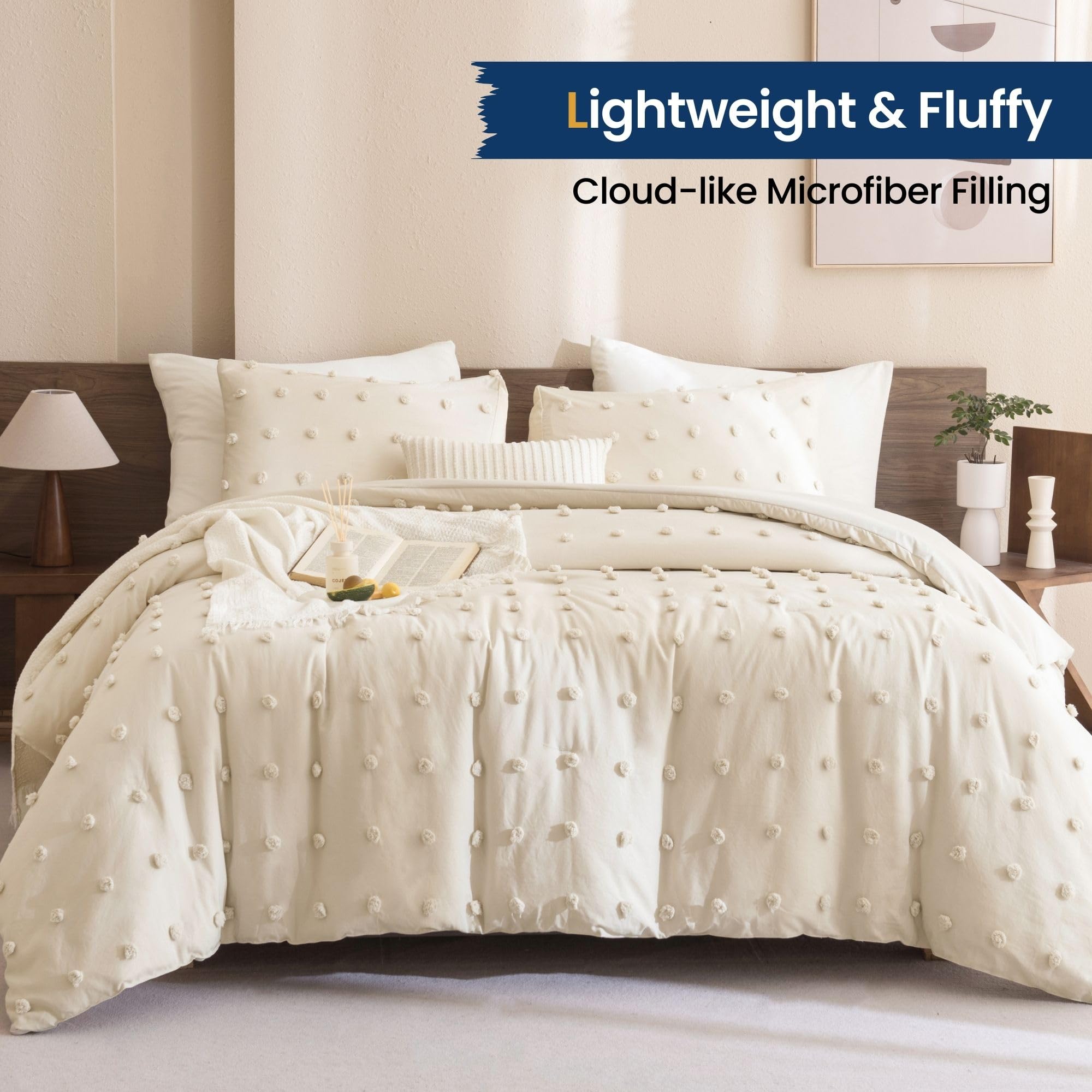 Comforter Set, 2 Pieces- Soft Cotton Lightweight Comforter with 1 Pillowcase, Chenille Dots All Season Down Alternative Comforter Set for Bedding