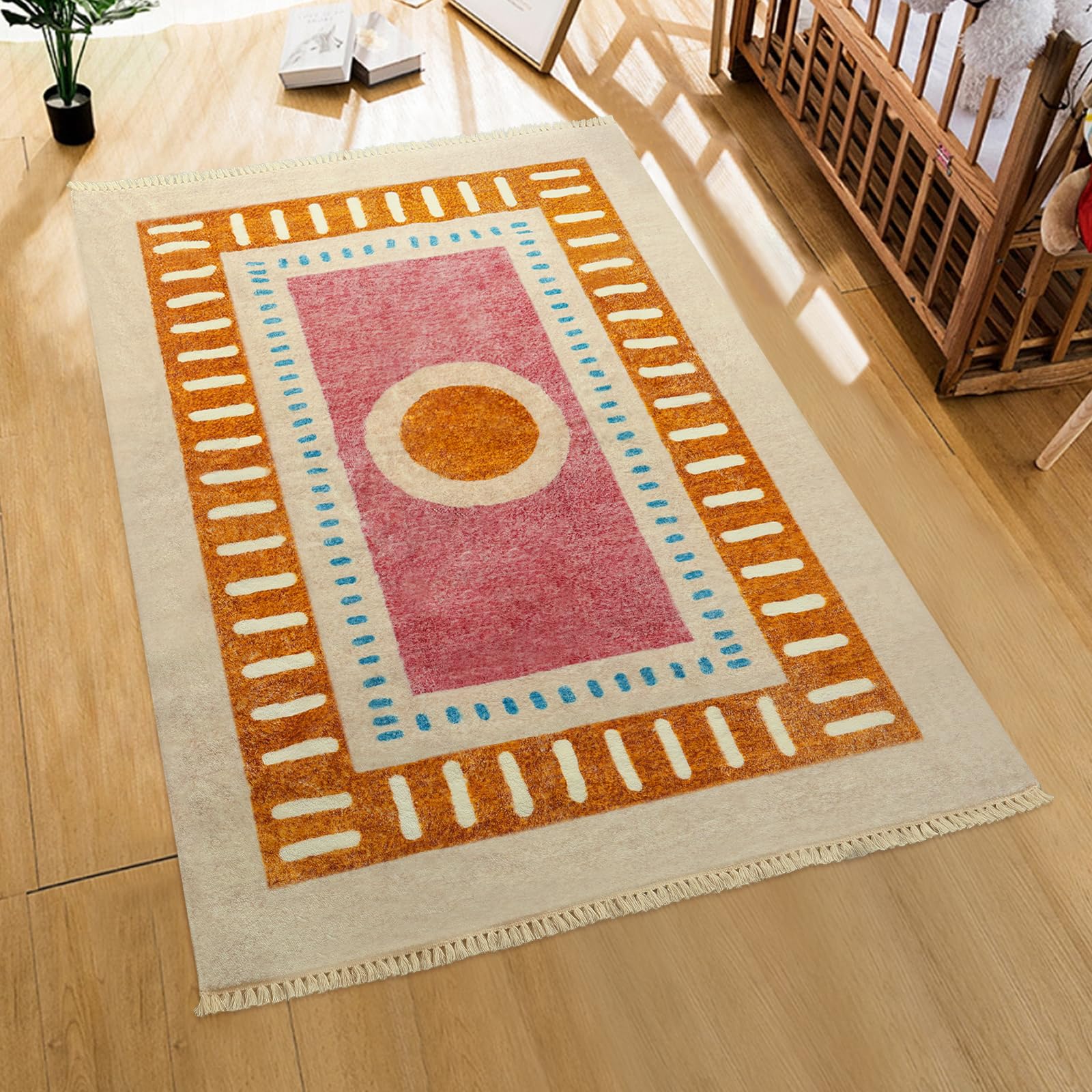 Orange Rainbow Boho Runner Rugs with Fringes, Sun Washable Hallway Runner Rug, Soft Non-Slip Area Rug