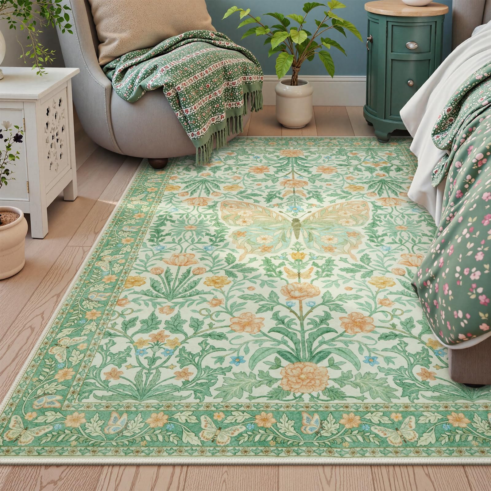 Vintage Floral Rug for Girls Bedroom Washable Non Slip, Soft Ultra Thin Boho Insect Carpet