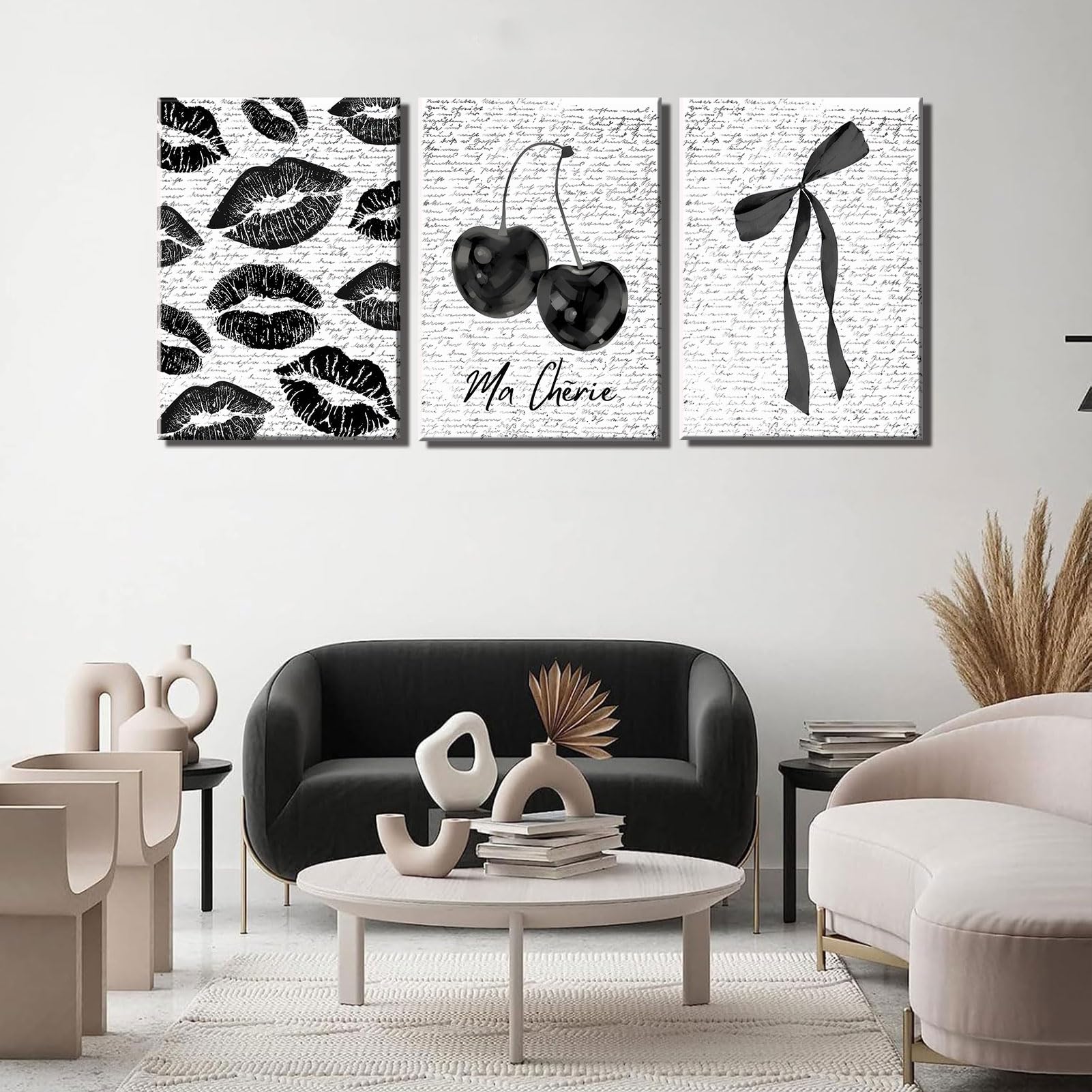 Dark Coquette Vintage Fashion Black White Aesthetic Bow, Lips And Cherry Canvas Wall Art 3Pcs