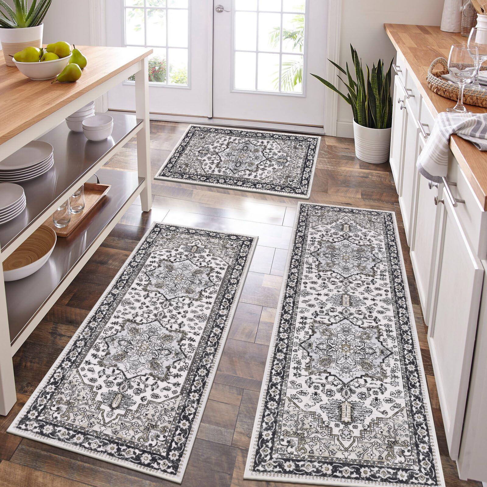 Thick Boho Kitchen Rug Sets 3 Piece with Runner Non Slip Kitchen Rugs and Mats Washable Kitchen Mats
