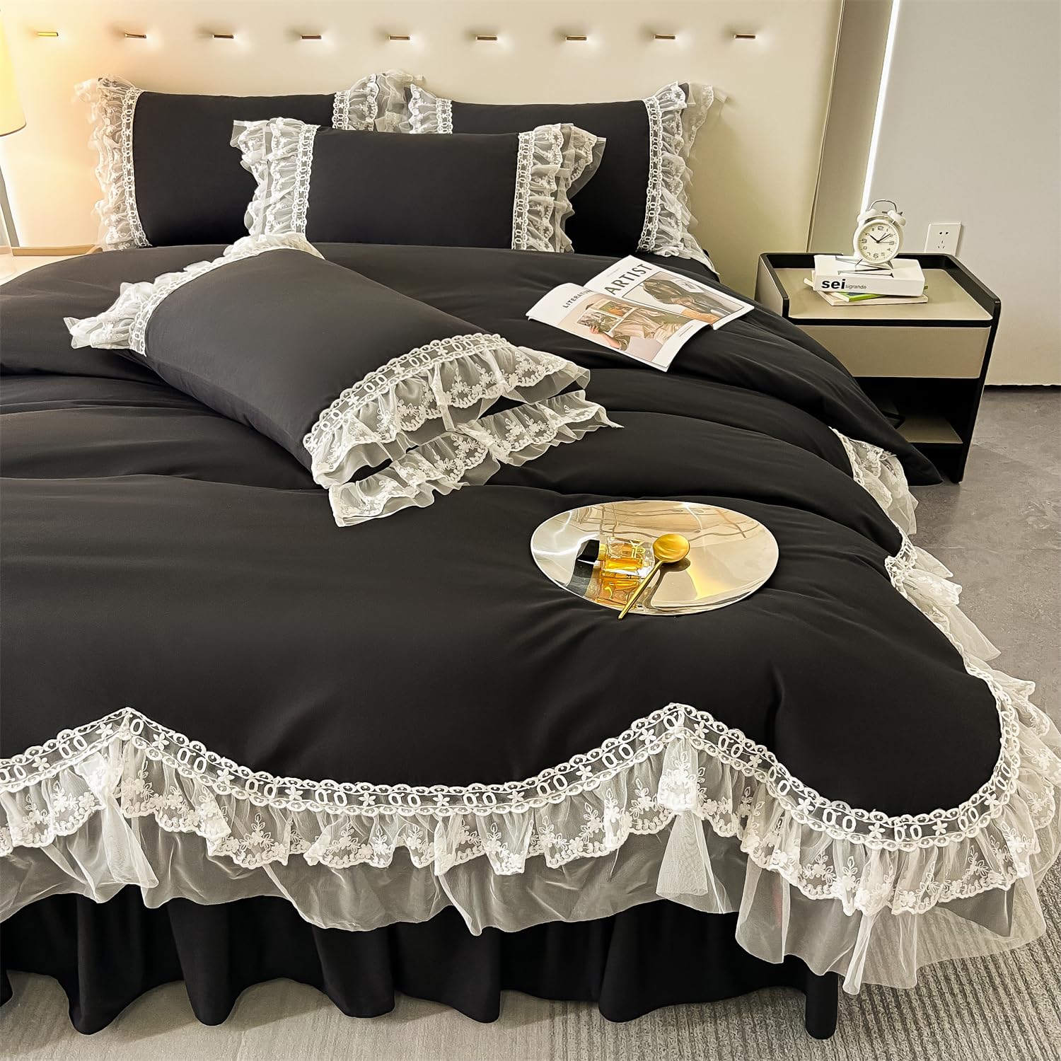 Chic Ruffle Lace Polyester Duvet Cover Set -Bedding-2 Piece Duvet Cover with Zipper Closure -Ultra Soft and Light Weight