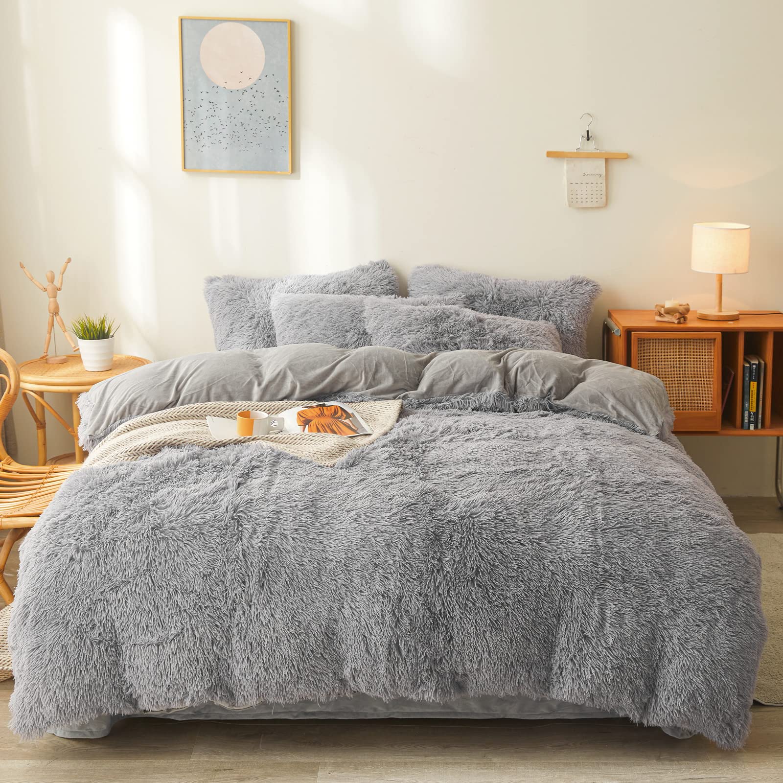 Fluffy Faux Fur Comforter Cover Set Queen - Ultra Soft Plush Bedding Sets 3 Pieces (1 Fluffy Duvet Cover + 2 Faux Fur Pillow case) Cute Bed Set