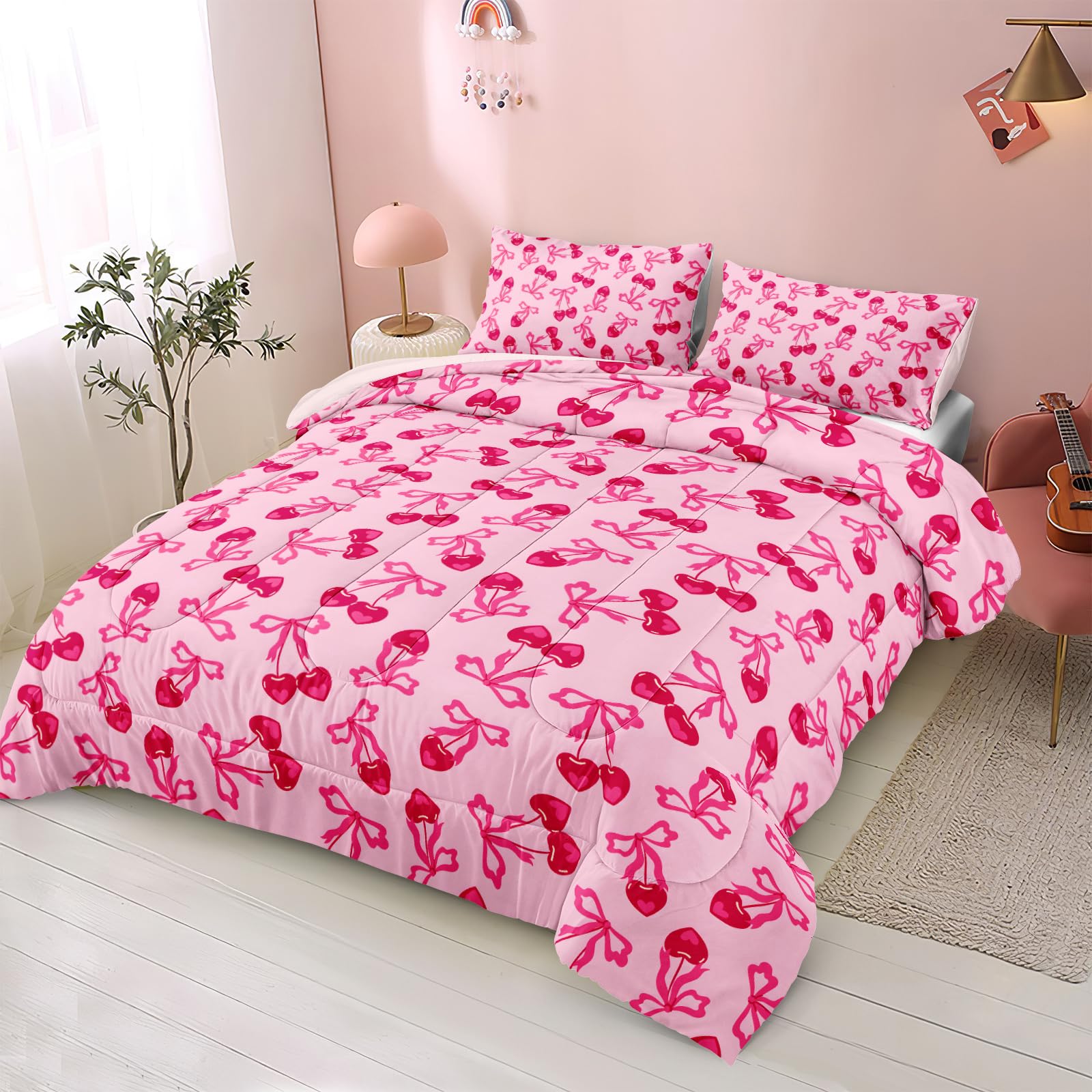 Pink Bowknot Comforter Set 4 Pcs Bow Tie Princess Bedding Blush Red Cherry Bed Quilt