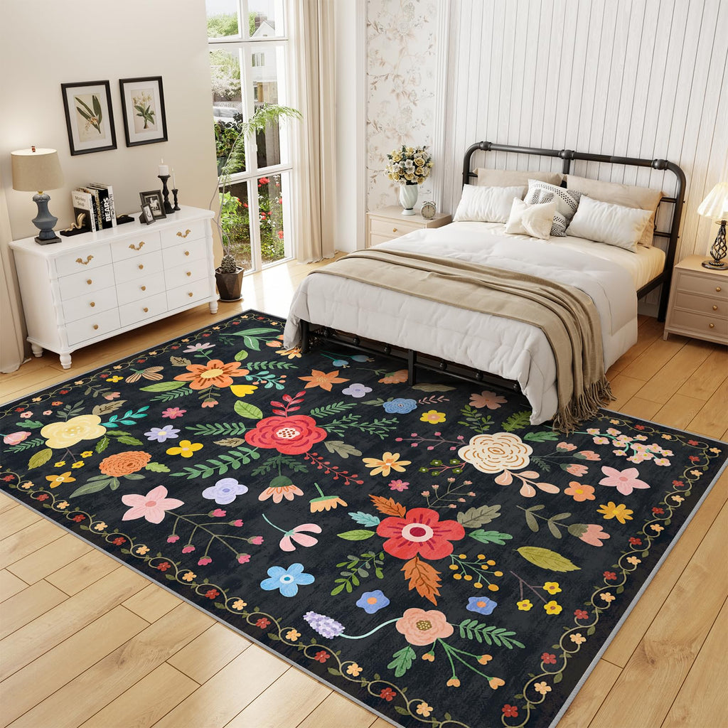 Washable Floral Rugs with Non Slip Backing, Stain Resistant, Floral Soft Low-Pile