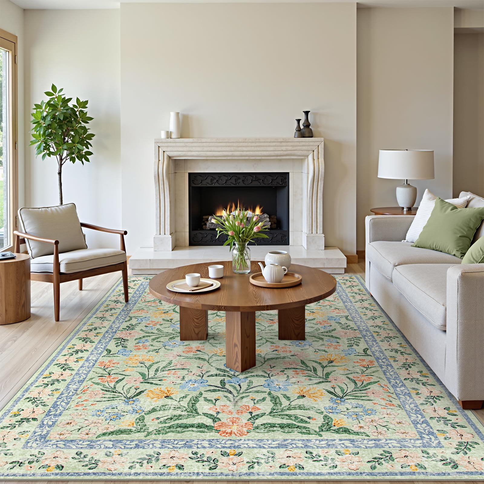 Machine Washable Boho Soft Floral Carpet Non Slip, Indoor Ultra-Thin Floor Carpet for Kid Room Living Room Dorm