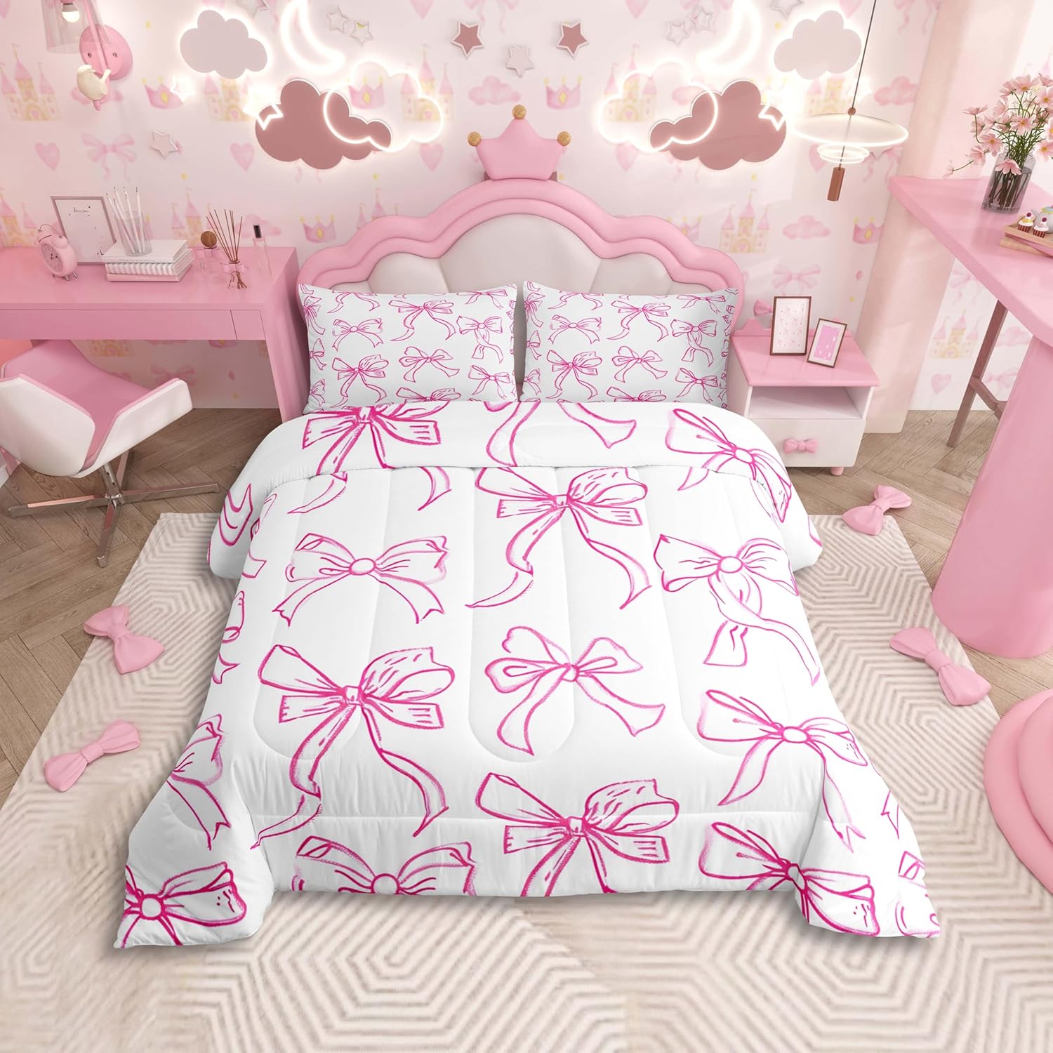 Pink Decorative Bowknot Bedding Set Comforter Set Coquette Bows Comforter Ultra Soft Decor Ribbon Bow Duvet Set