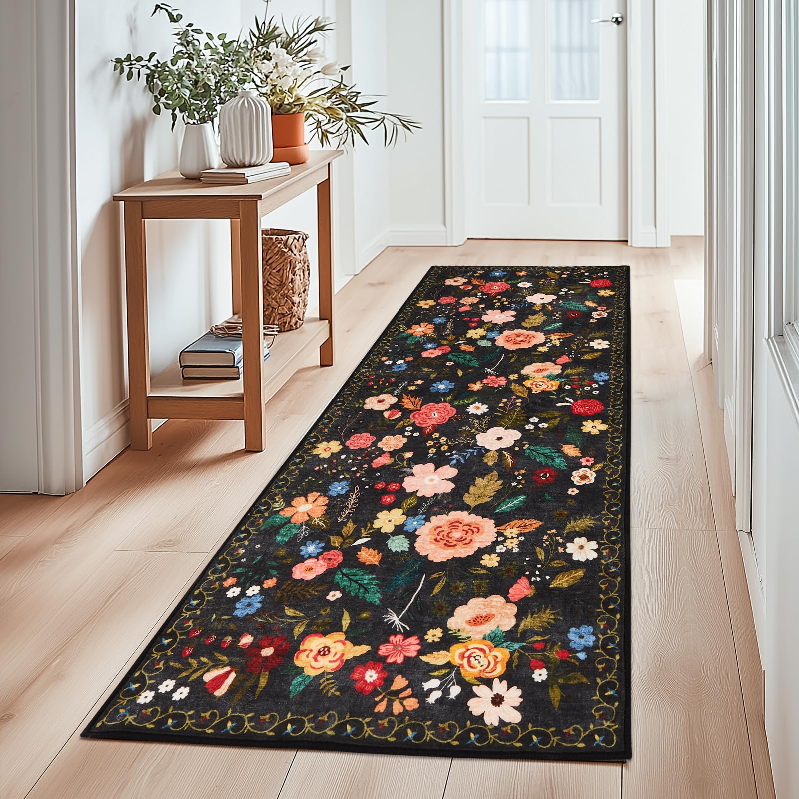 Boho Floral Vintage Rug for Home Washable Rugs Soft Low Pile, Non Slip Non-Shedding