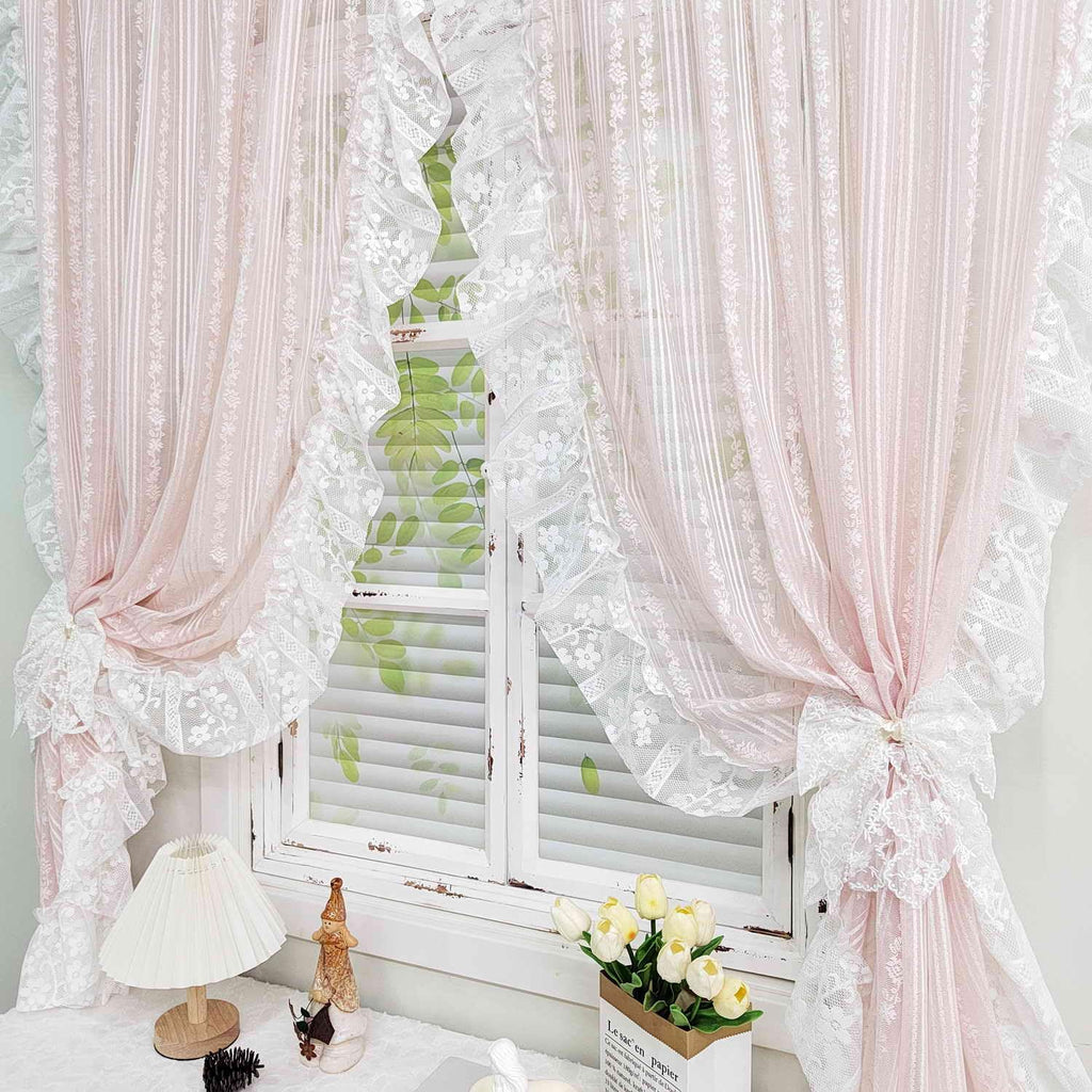 Floral Embroidery Sheer Lace Curtain with Ruffle Trim Romantic Gauze Curtains