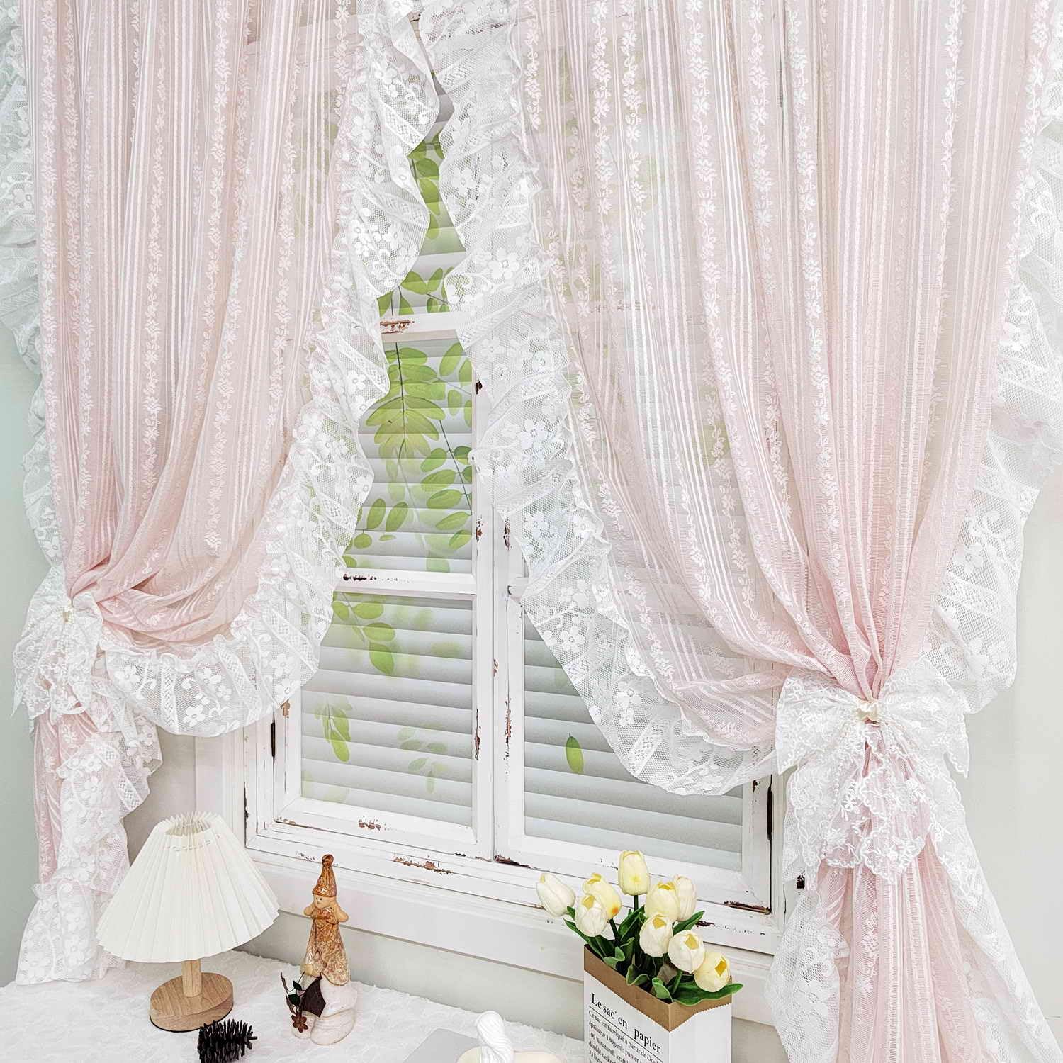 Floral Embroidery Sheer Lace Curtain with Ruffle Trim Romantic Gauze Curtains