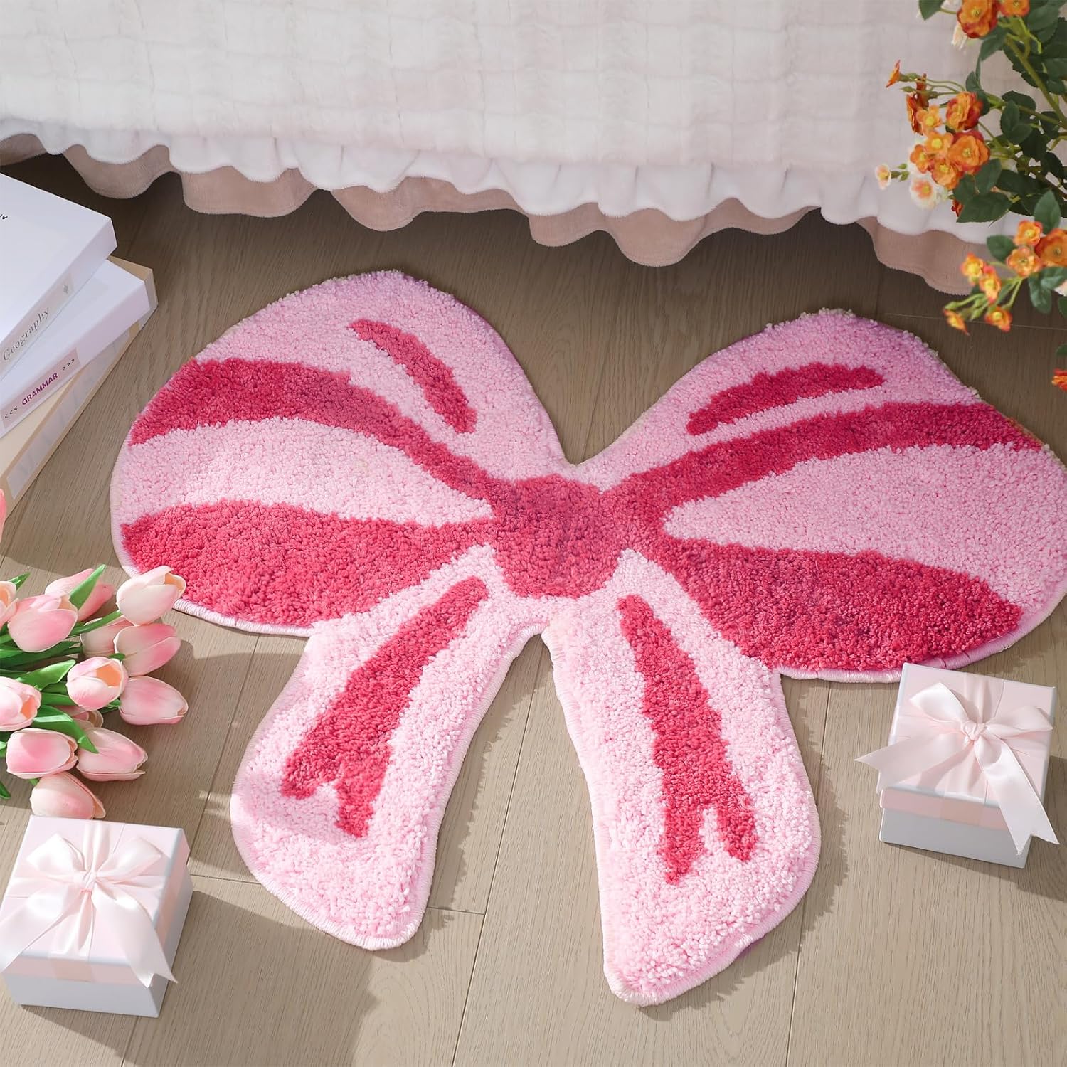 Pink Bow Bathroom Mat, 28 x 24 Inch Non Slip Bath Rugs Coquette Bow Bathmat Pink Bowknot Bathroom Rugs Bowknot Shaped Rug