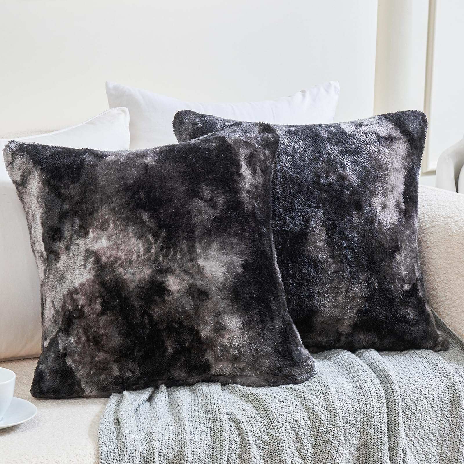 Faux Fur Pillow Cases Set of 2, Luxury Ultra Soft Fuzzy Pillowcases, Fluffy Plush Velvet Pillow Covers with Zipper, Cozy Warmth and No Shedding