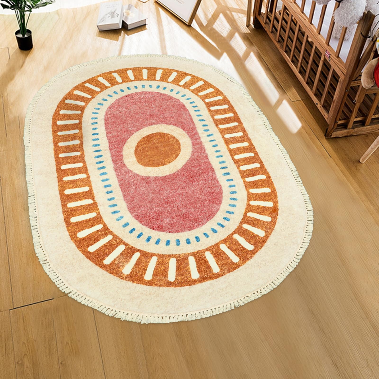 Orange Rainbow Boho Runner Rugs with Fringes, Sun Washable Hallway Runner Rug, Soft Non-Slip Area Rug