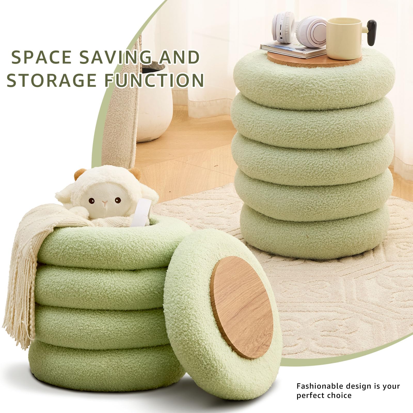 Round Storage Ottoman, Modern Sherpa Footstool with Flip-Top