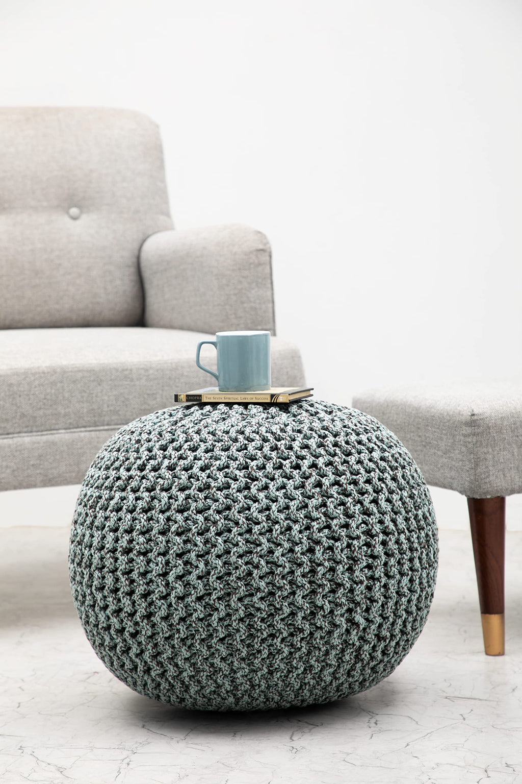 Hand-Knitted Cotton Round Pouf â€?Braid Cord Ottoman, Footrest, and Accent Seat for Living Room, Nursery, Kids Room, or Dorm Décor â€?20x14