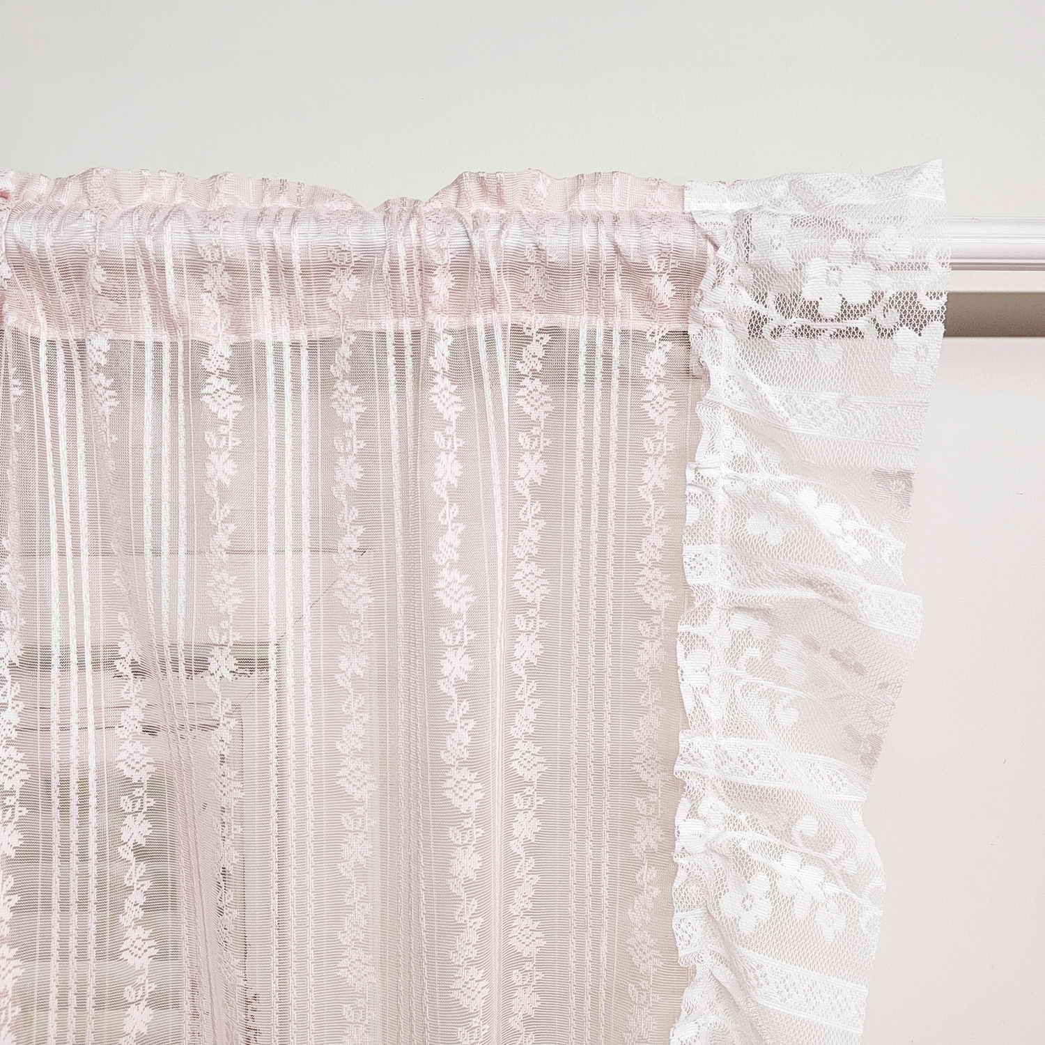 Floral Embroidery Sheer Lace Curtain with Ruffle Trim Romantic Gauze Curtains