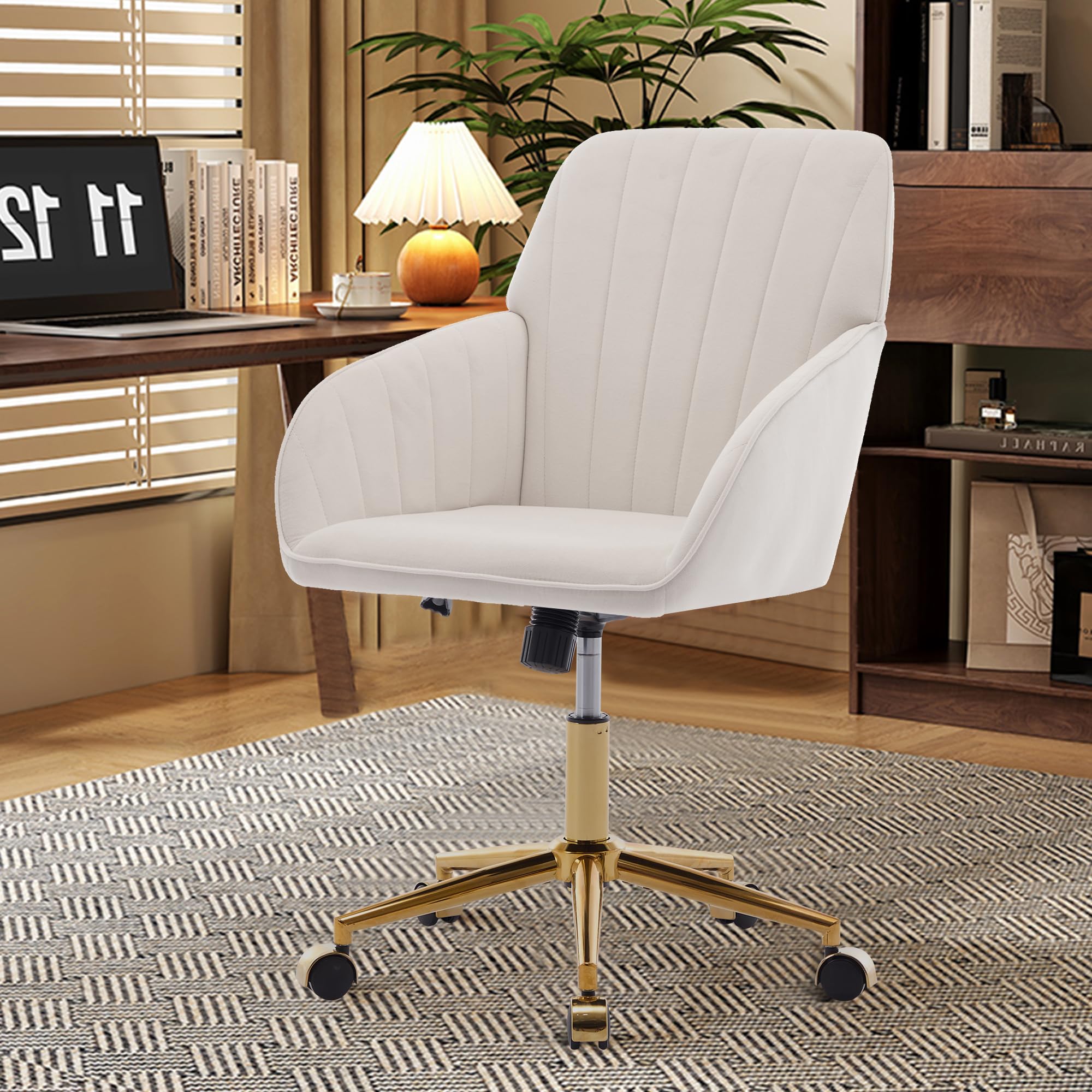 Modern Vanity Velvet Adjustable Low Back Rolling Chair, Twill Upholstered Cute Chair with Wheels